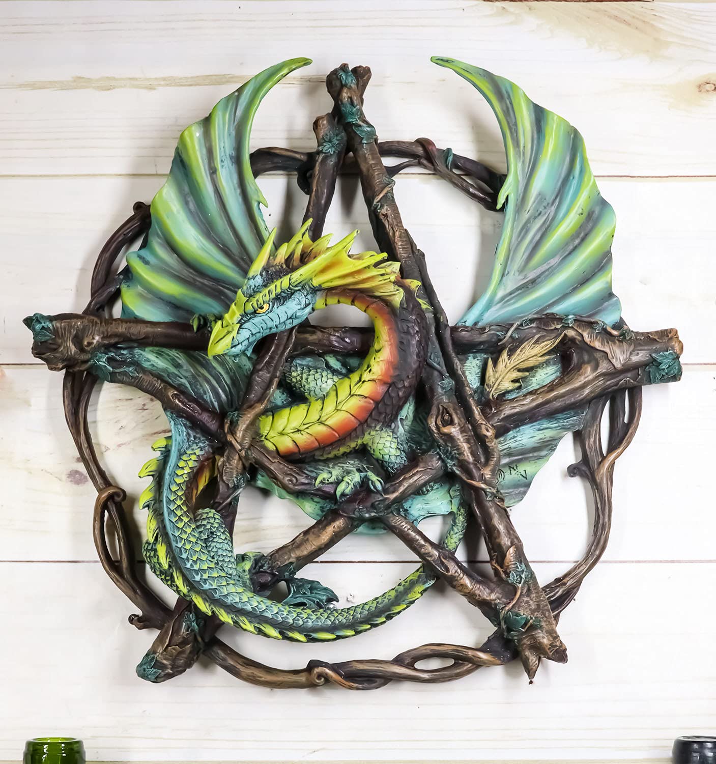 Ebros Medieval Fantasy Large Pentagram Dragon Wall Decor with Forest Vines Border - Gothic Home Decor, Dragon Pentacle Wall Art Plaque for Living Room, Bedroom, or Game Room