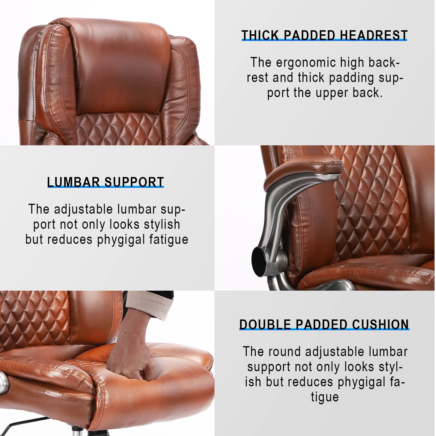 Premium Brown Leather Executive Office Chair with Flip-Up Arms, High Back Ergonomic Design & Lumbar Support - 90-120° Reclining Swivel Task Chair with Wheels for Home Office, Conference Rooms & Workspaces
