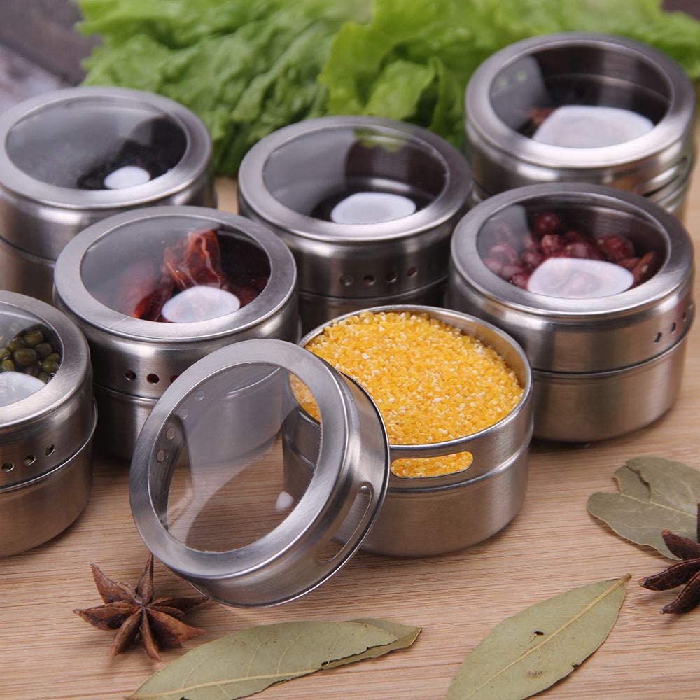 12-Piece Magnetic Spice Jars Set - Stainless Steel Wall Mounted Spice Containers with Strong Hold | Perfect for Kitchen Organization & Spice Storage