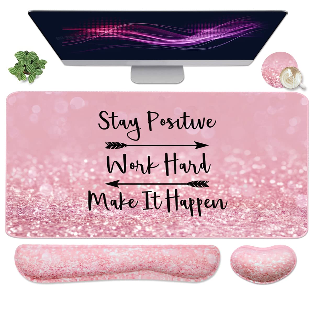 Extra Large Gaming Mouse Pad with Keyboard Wrist Rest - 4-in-1 XXL Desk Mat for Computer, Office & Study - Ergonomic Wrist Support for Comfortable Typing & Gaming - Non-Slip Base - Motivational 'Stay Positive' Design in Pink - Perfect for PC Setup, Workstation & Esports