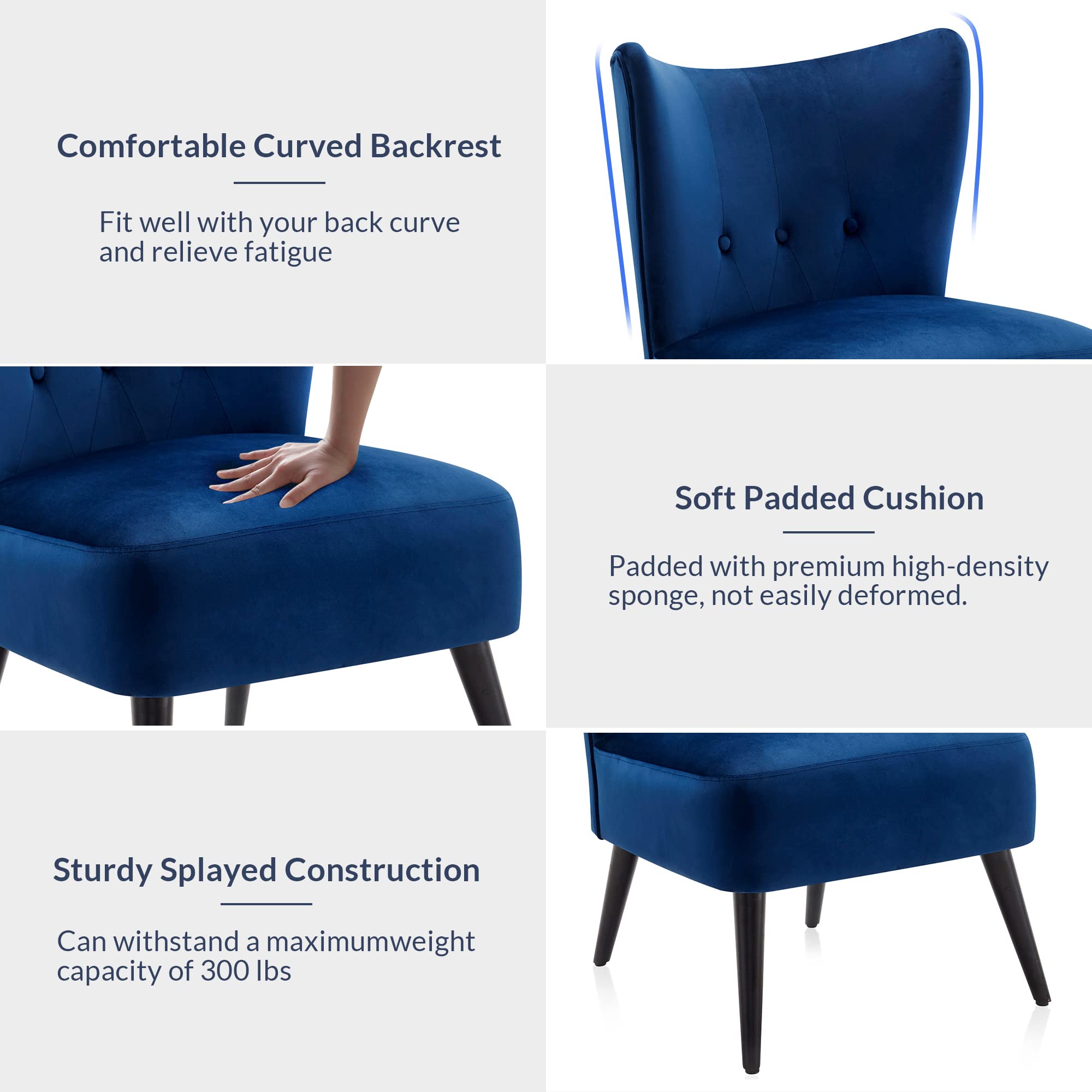 BELLEZE Modern Velvet Accent Chair - Wingback Upholstered Reading Chair with Solid Wood Legs, Tufted Button Armless Corner Chair for Living Room, Bedroom, Office - Sheila (Blue) | Perfect for Small Spaces, Reading Nooks & Cozy Home Decor