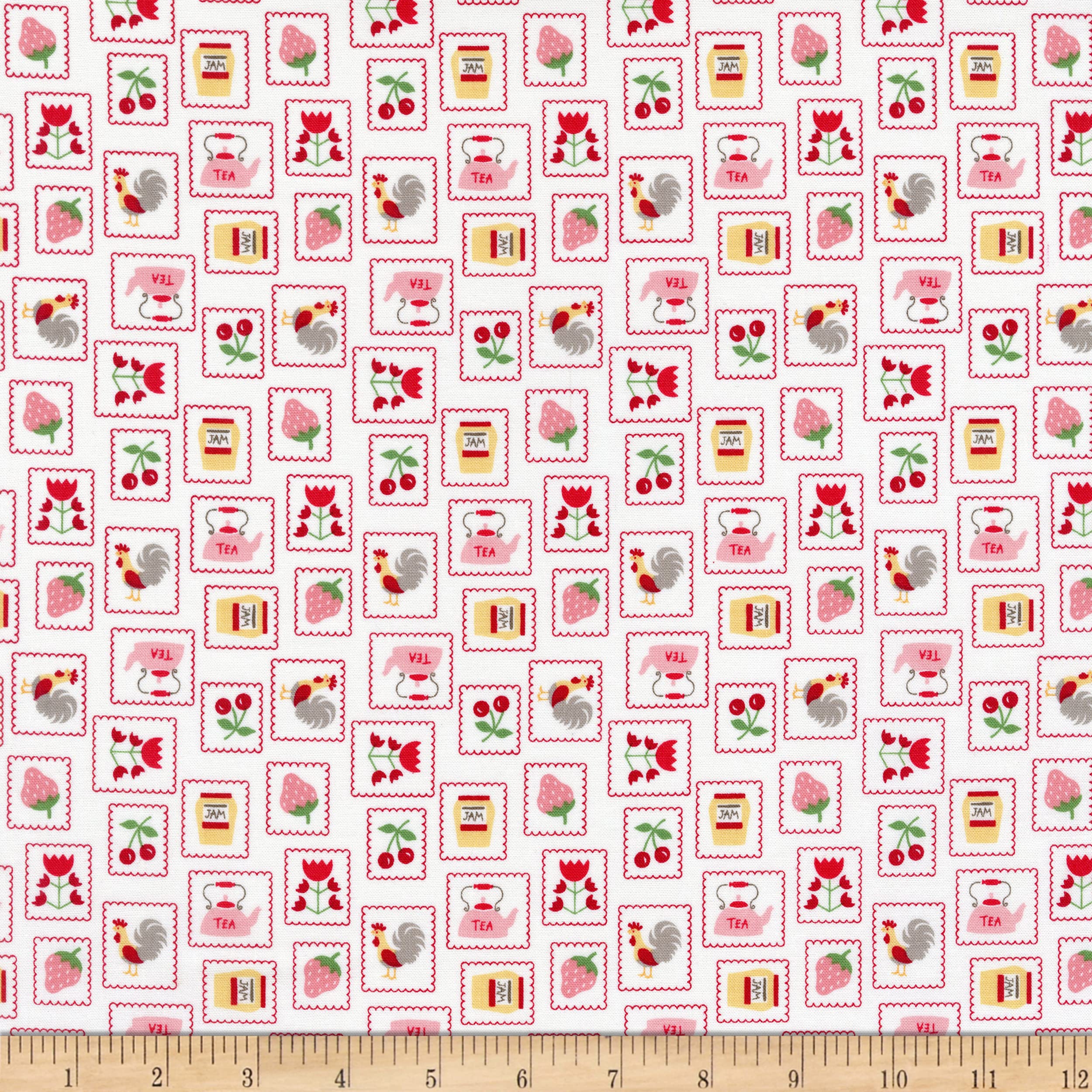 Lori Holt Cook Book Stamps Red - Premium Fabric by The Yard for Quilting, Sewing & DIY Craft Projects