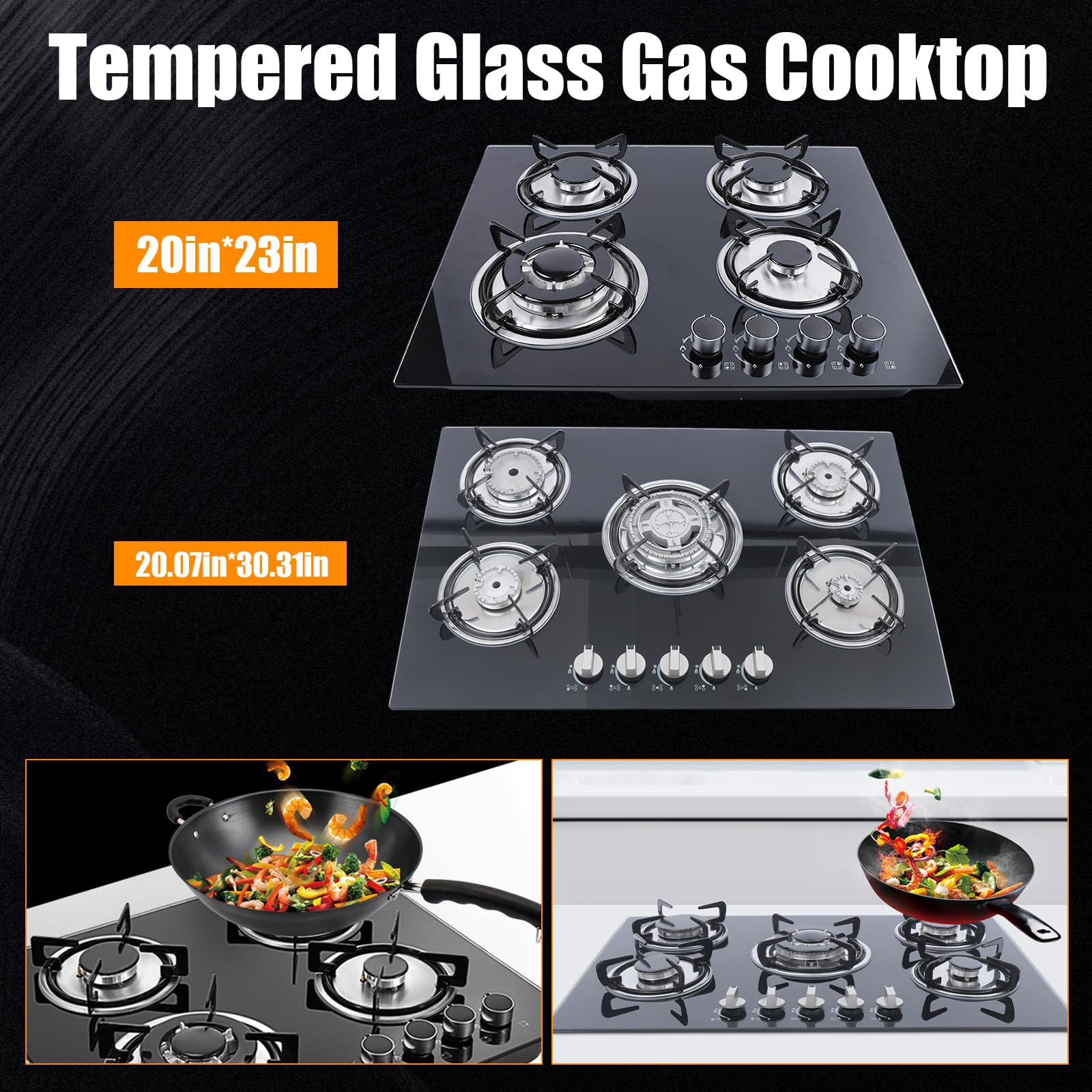 TBVECHI 23 Inch 4 Burner Built-in Gas Cooktop - LPG/NG Compatible Tempered Glass Stove (590x510mm) for Modern Kitchens - Fast US Shipping & Stock