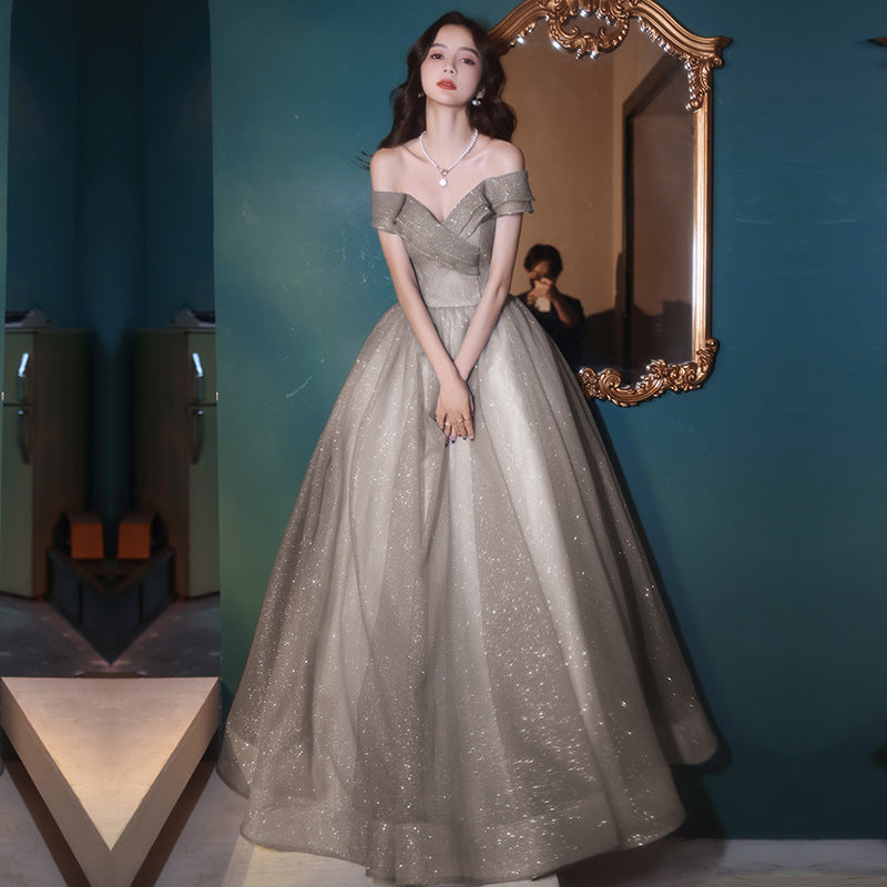Elegant Off Shoulder Long Prom Dress in Sparkly Gray - Perfect for Evening Gala, Homecoming Dance & Formal Events