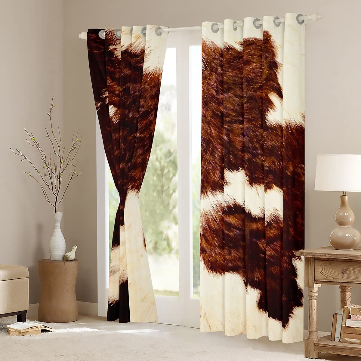 Erosebridal Cow Fur Curtains 42x90 Inches - Brown & White Western Cowhide Window Drapes for Bedroom & Living Room | Rustic Farmhouse Decor, Aztec Animal Print Window Treatments (2 Panels) - Perfect for Western Theme, Ranch Style Homes & Bohemian Interior Design