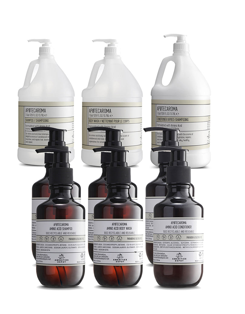 APOTECAROMA 3 Gallon Refillable Bulk Shampoo, Conditioner & Body Wash Combo with 6 Pre-Filled 200ML Pressure Pump Bottles | Salon, Spa & Home Use