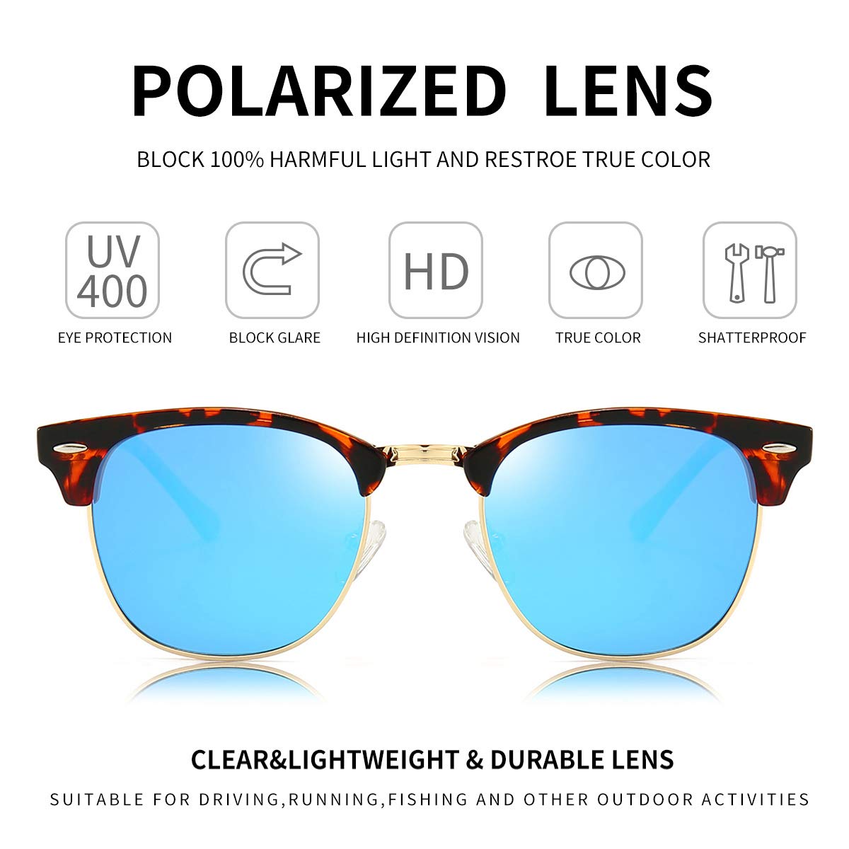 Dollger Polarized Browline Sunglasses for Men & Women - Classic Semi-Rimless Retro Frame with UV 400 Protection - Perfect for Driving, Beach & Outdoor Activities