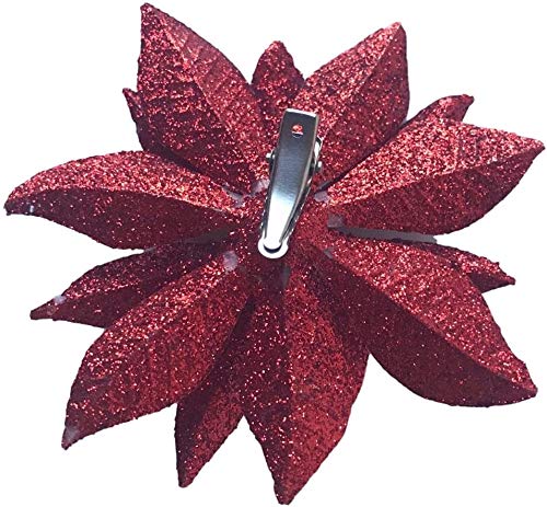 24 Pack Artificial Poinsettia Flowers with Glitter - 3.75 Inch Red Christmas Clip On Ornaments for Tree Decor, Wreaths, Gift Wrapping & Holiday Home Decoration