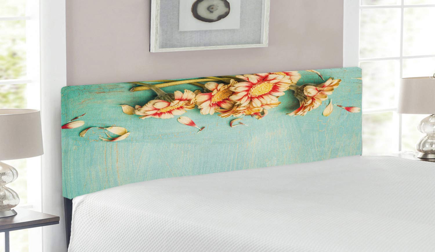 Ambesonne Shabby Floral Headboard - Queen Size Upholstered Decorative Metal Bed Frame with Memory Foam | Turquoise Wooden Board with Gerbera Flowers Design | Seasonal Nature Border for Bedroom Decor | Perfect for Master Bedroom, Guest Room & Home Staging