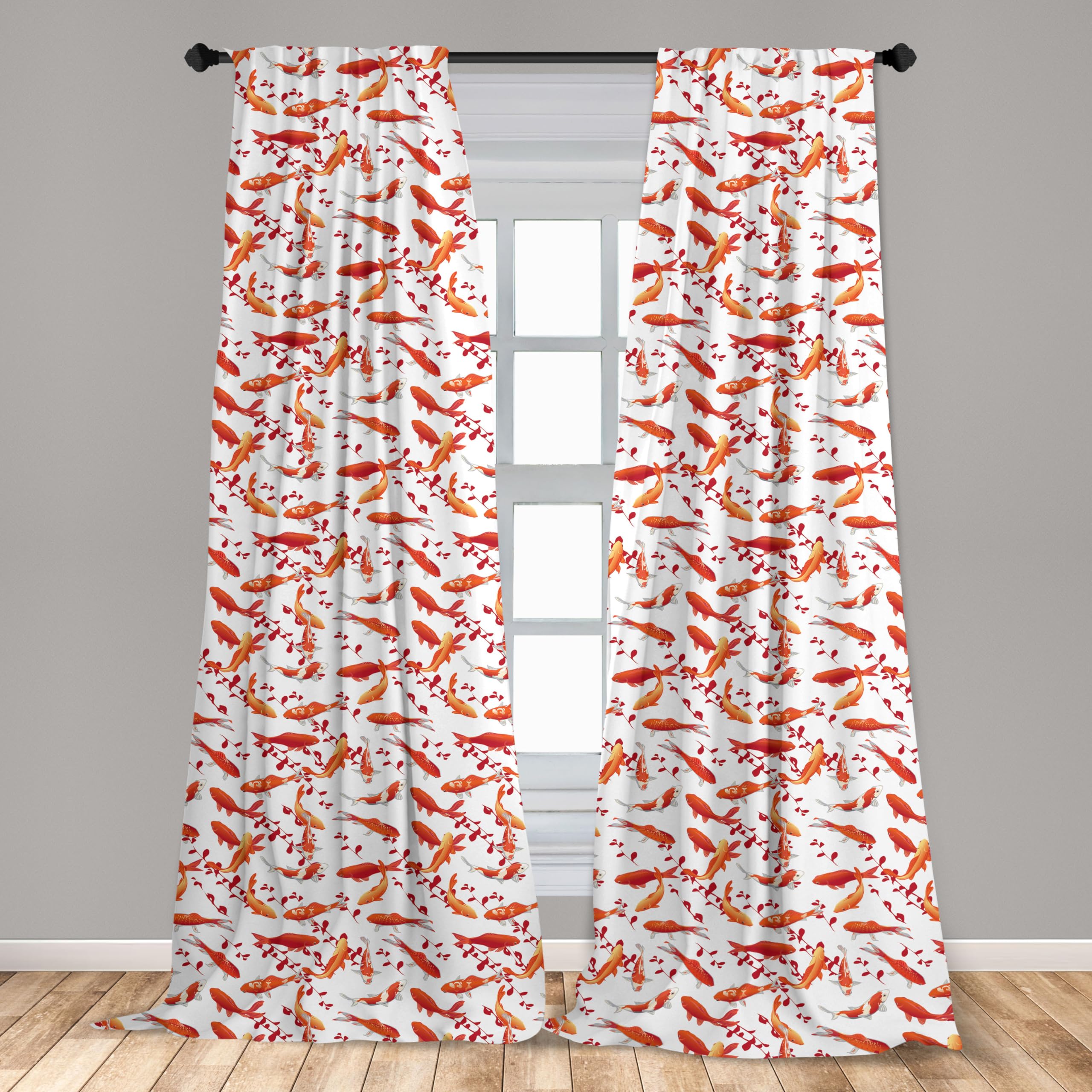 Ambesonne Japanese Fish Curtains - Traditional Aquatic Creatures with Leaves & Branches Abstract Design, 2 Panel Window Treatments for Living Room & Bedroom, 28