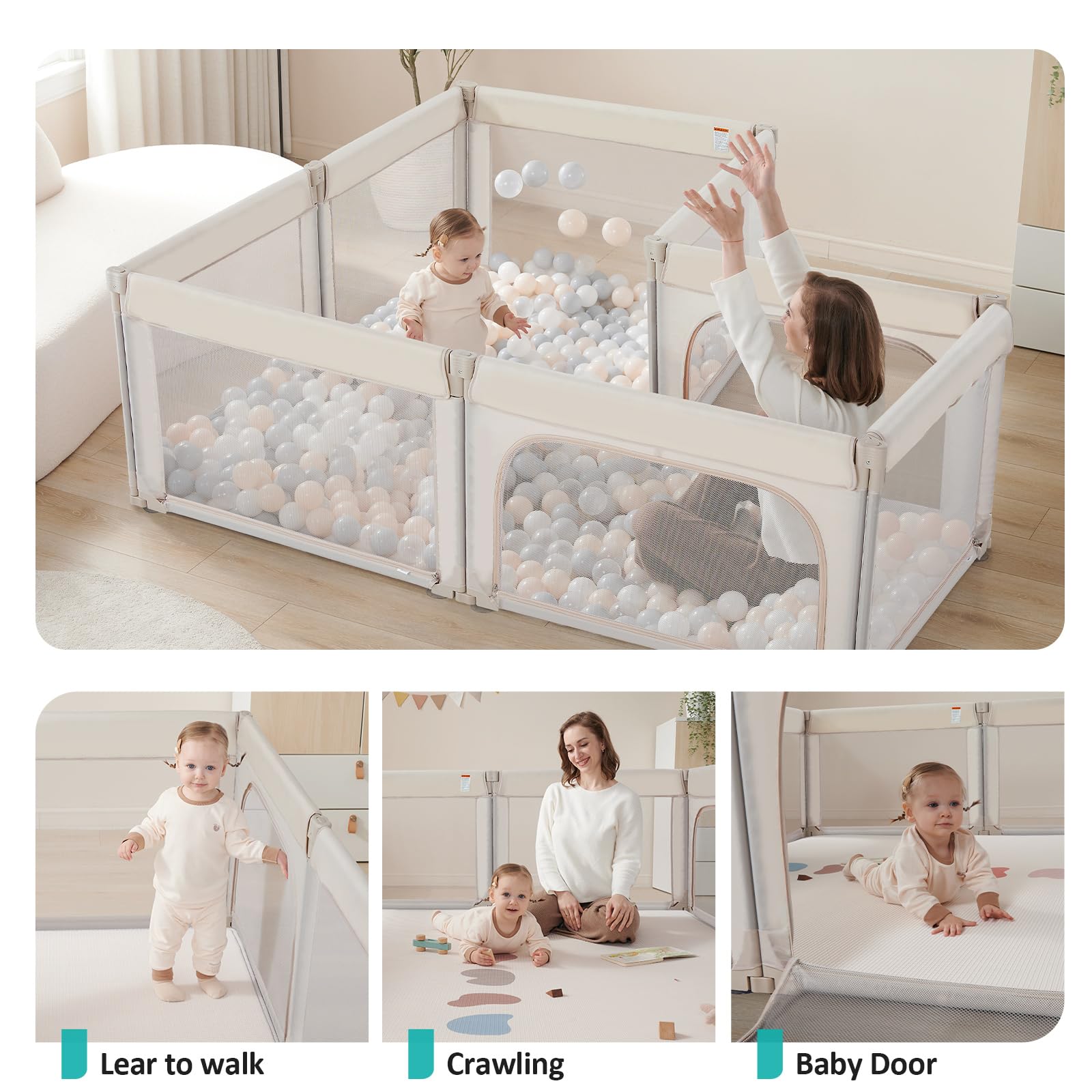 Doradotey Adjustable Baby Playpen - Large & Small Foldable Playard for Infants & Toddlers, Breathable Mesh Anti-Fall Play Yard with Shape-Changing Design (71x79 Inches, Khaki) - Perfect for Indoor Play Centers, Nursery Rooms & Backyard Safety