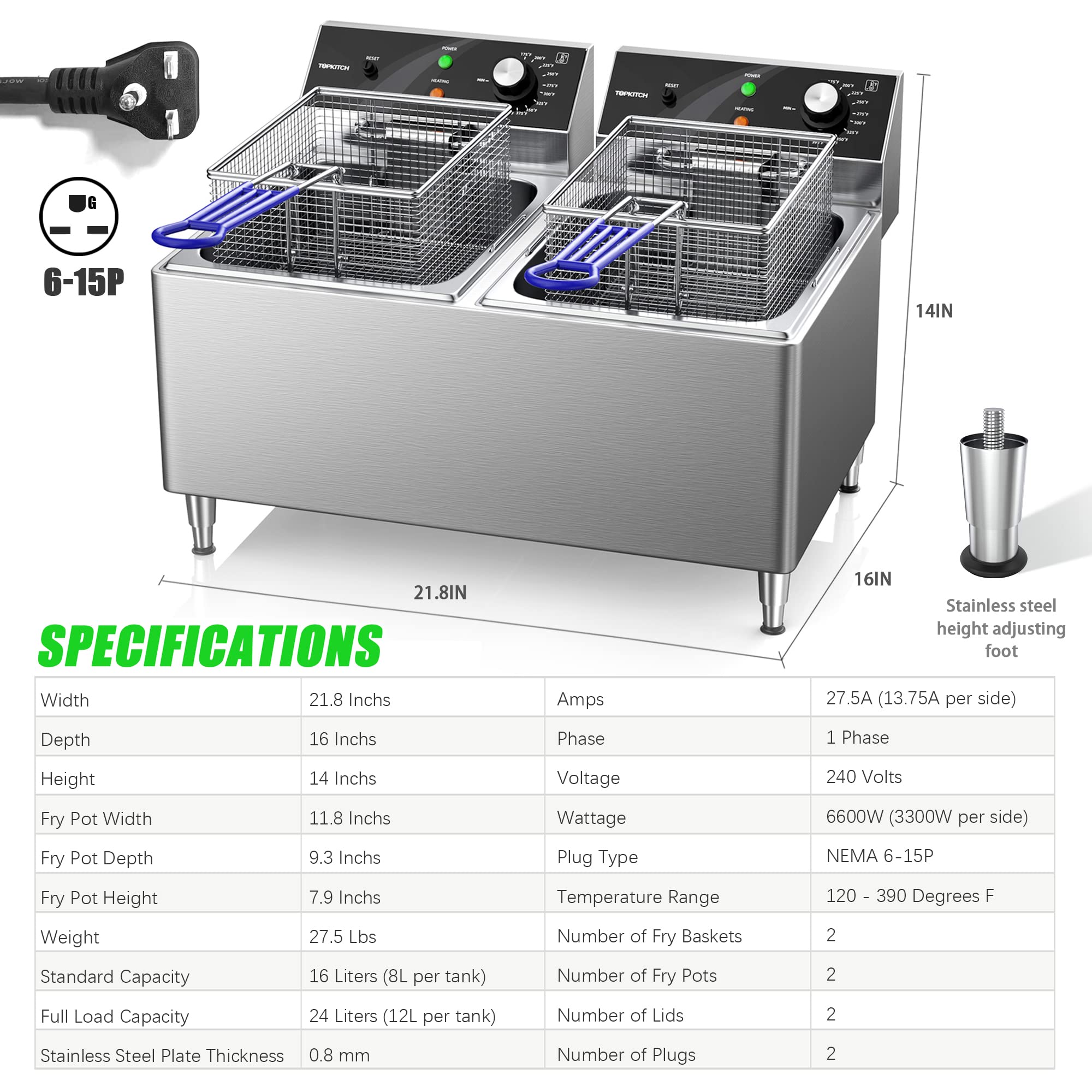 Commercial Deep Fryer 12L x 2 (25.4QT) Dual Tank Electric Deep Fryer with 2 Baskets - 3300W x 2, 240V, Two 6-15 Phase Plugs - Perfect for Restaurants, Fast Food Shops & Catering Businesses