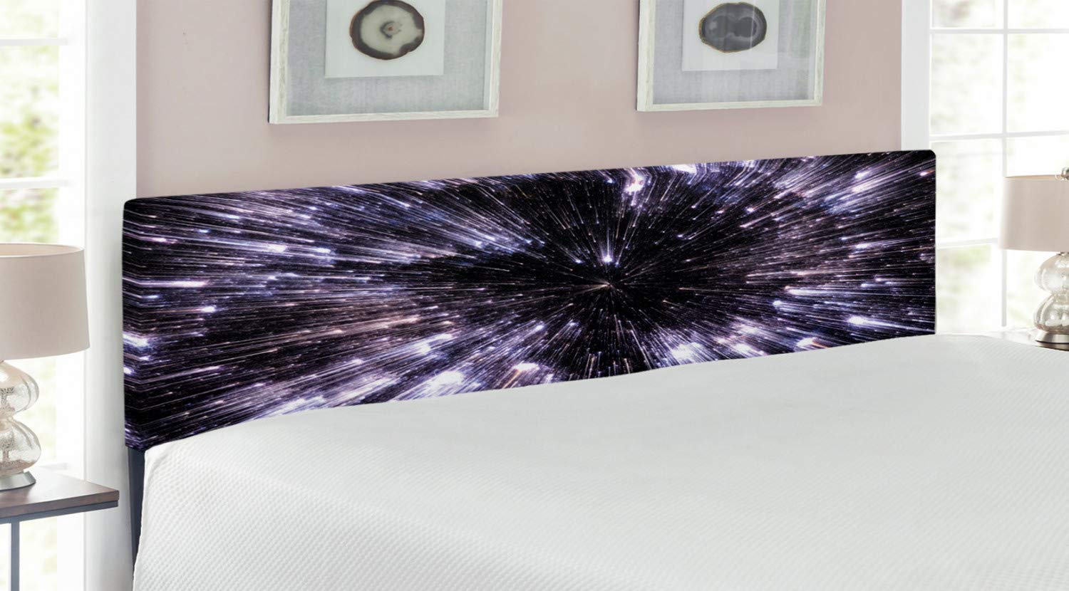 Ambesonne Galaxy Headboard - King Size Upholstered Metal Bed Frame with Memory Foam | Space-Themed Sci-Fi Bedroom Decor in Violet, Black & White | Perfect for Astronomy Lovers & Futuristic Bedroom Designs