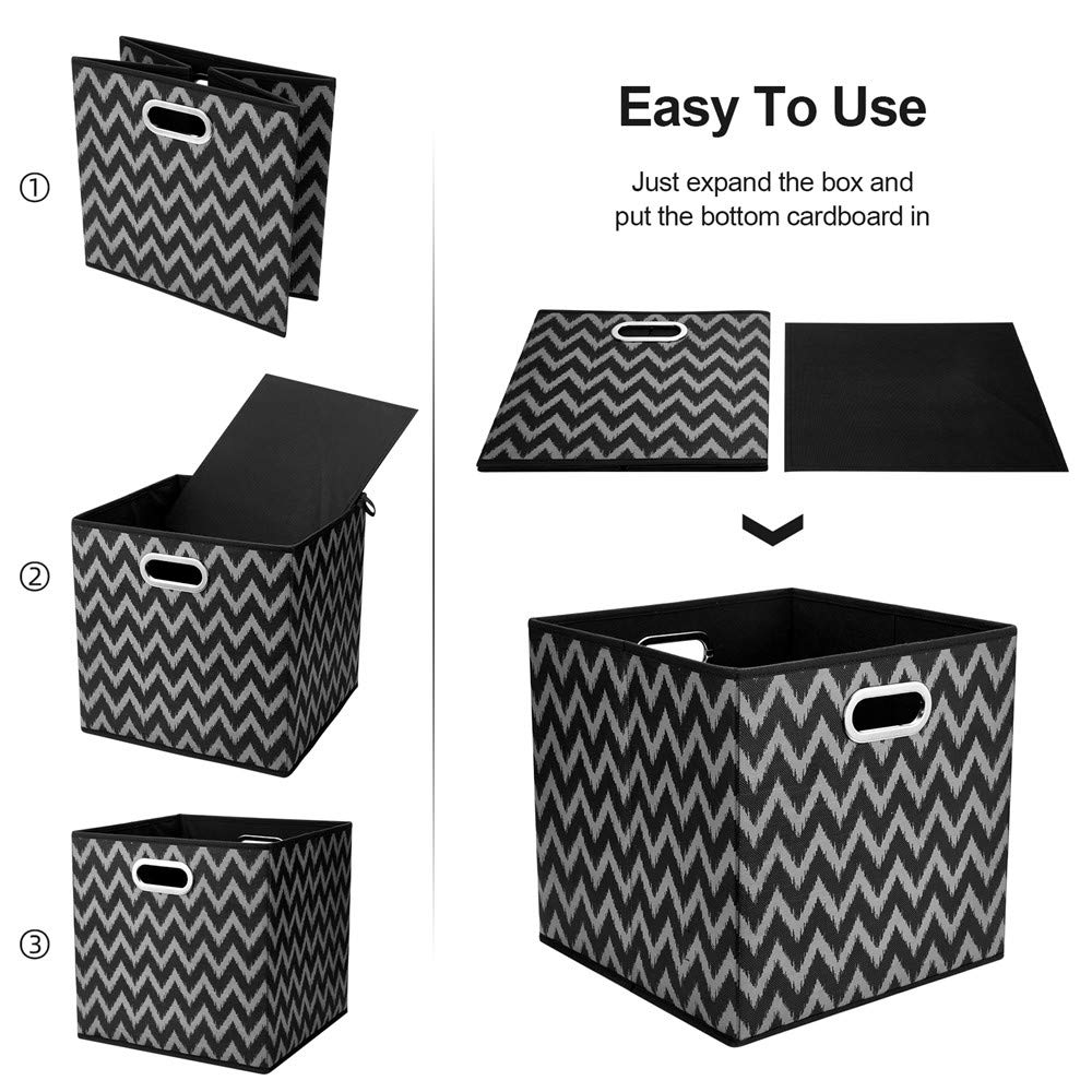 Foldable Fabric Storage Cubes 13x13x13 Inch - Black Chevron Printed Cloth Bins with Drawer for Closet, Shelf & Home Organization | Perfect for Toys, Books & Wardrobe Storage (QY-SC03-3)