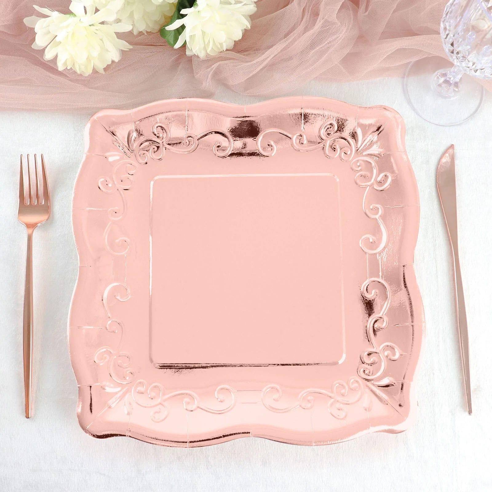 25 Pack Square Disposable Dessert Plates with Elegant Scroll Design - Perfect for Parties, Weddings, and Dinner Events