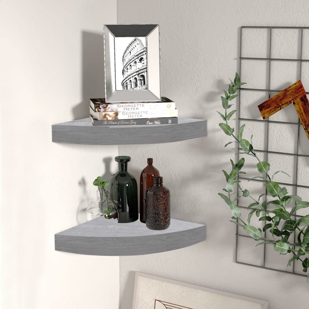 Modern Floating Corner Shelves Set of 2 - Concrete Gray MDF Wall Mounted Storage (9.8