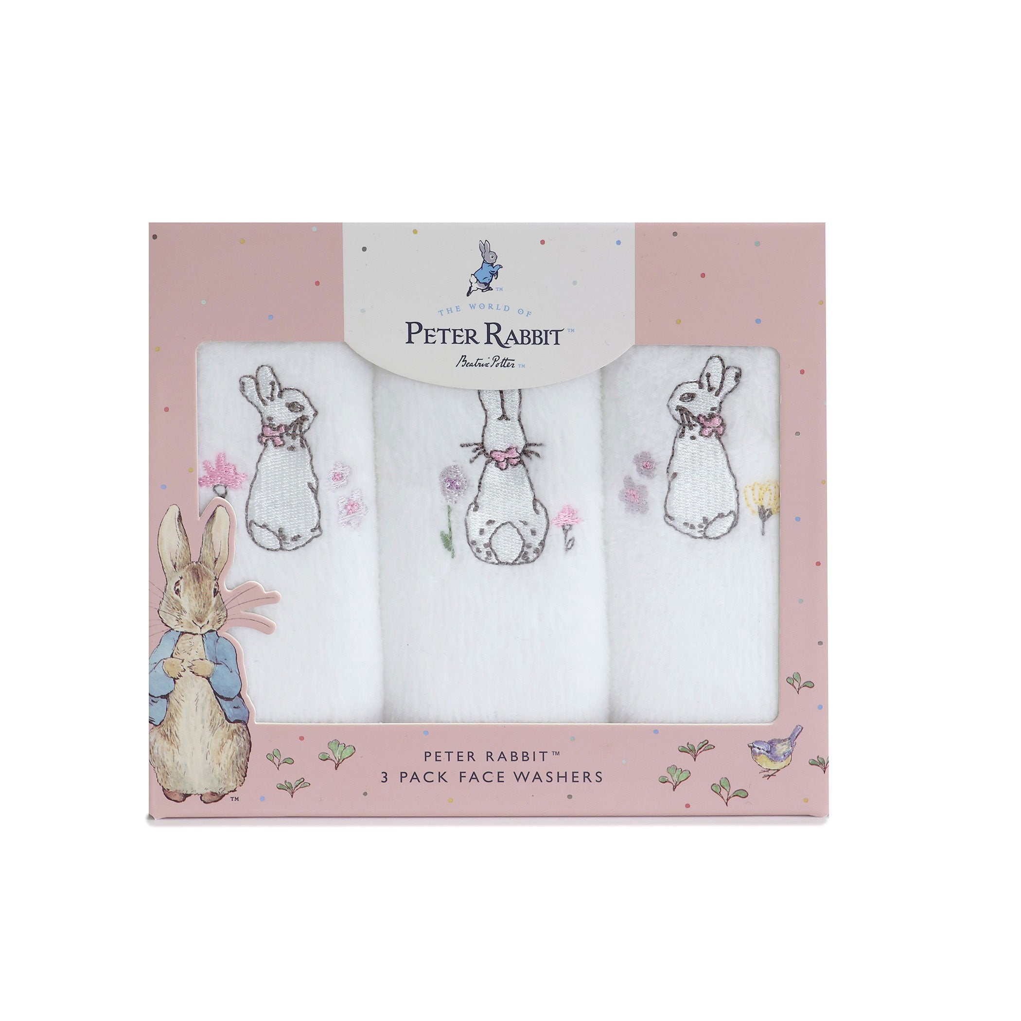 Peter Rabbit 'New Adventure' 3 Pack Soft Cotton Face Washers for Kids - Pink | Gentle Baby Washcloths for Bath Time & Skincare | Cute Nursery Accessories