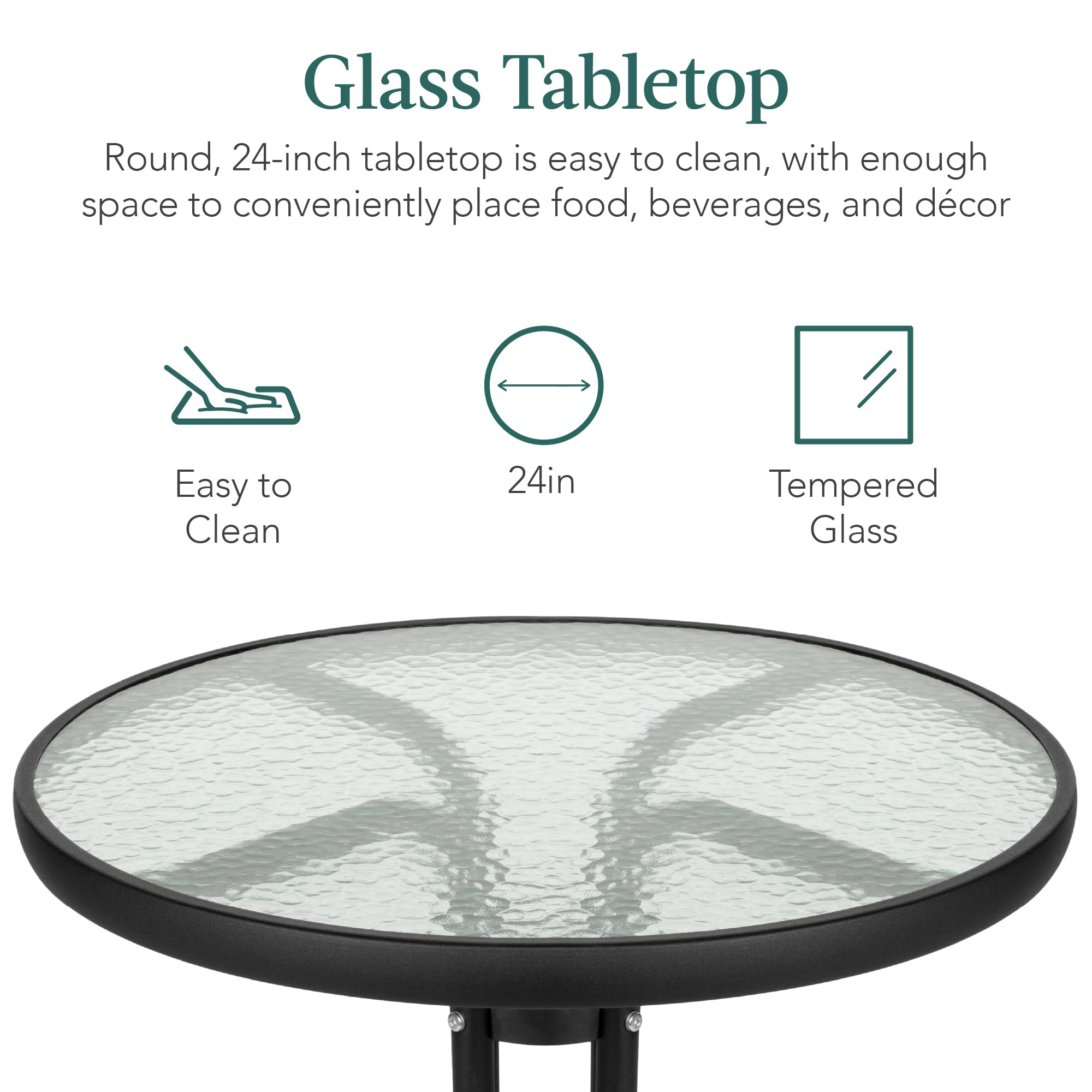 Best Choice Products 3-Piece Patio Bistro Set with Textured Glass Tabletop & 2 Steel Folding Chairs - Peacock Green Outdoor Dining Furniture for Garden, Balcony, or Backyard Relaxation