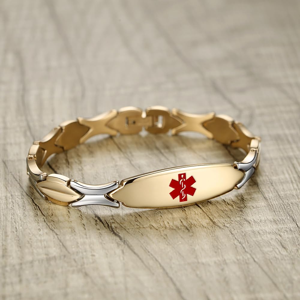 LinnaLove Shiny Stainless Steel Medical Alert ID Bracelet for Women - Free Engraving, Hypoallergenic, Waterproof | Perfect for Diabetes, Allergies & Emergency Medical Identification