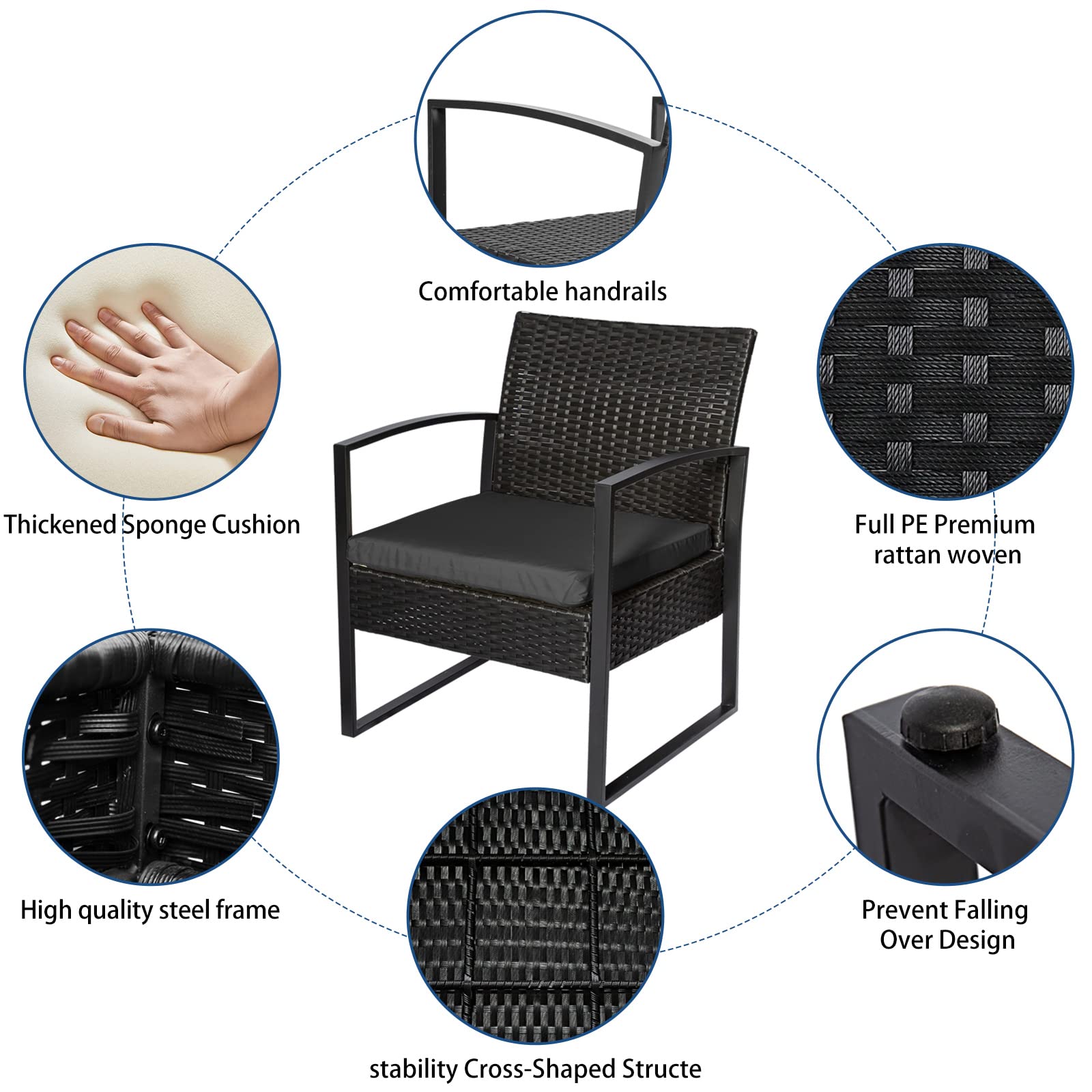 3-Piece PE Rattan Outdoor Patio Furniture Set - Modern Wicker Bistro Table & Chairs with Black Cushions for Front Porch, Balcony, Garden - Perfect for Small Spaces, Coffee Breaks & Relaxing Outdoors