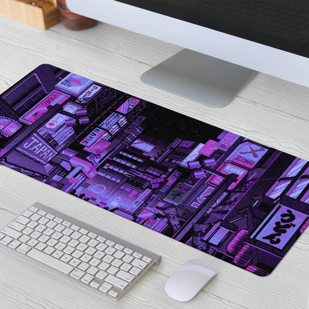 Dark Purple Japanese Anime Retro Vaporwave Mouse Pad - Extra Large Gaming Mouse Mat with Non-Slip Base for Keyboard & Laptop - Perfect for PC Gaming, Office Work & Kawaii Anime Lovers