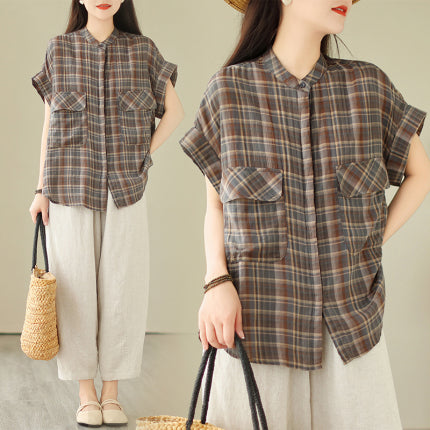 Women's Plaid Short Sleeve Button Up Shirt - Casual & Stylish Summer Top for Work, Outing, and Travel