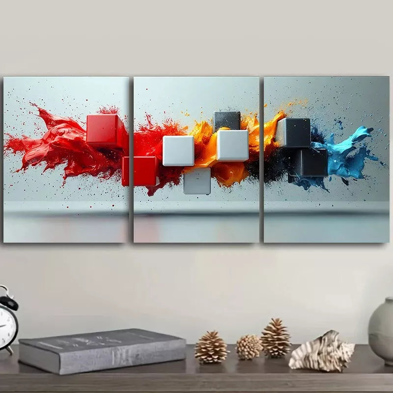 3-Piece Black and White Cubes Color Splash Wall Art Set - 40x60cm Framed Canvas Prints | High Quality Australian Made | Ready to Hang | Modern Home & Office Decor