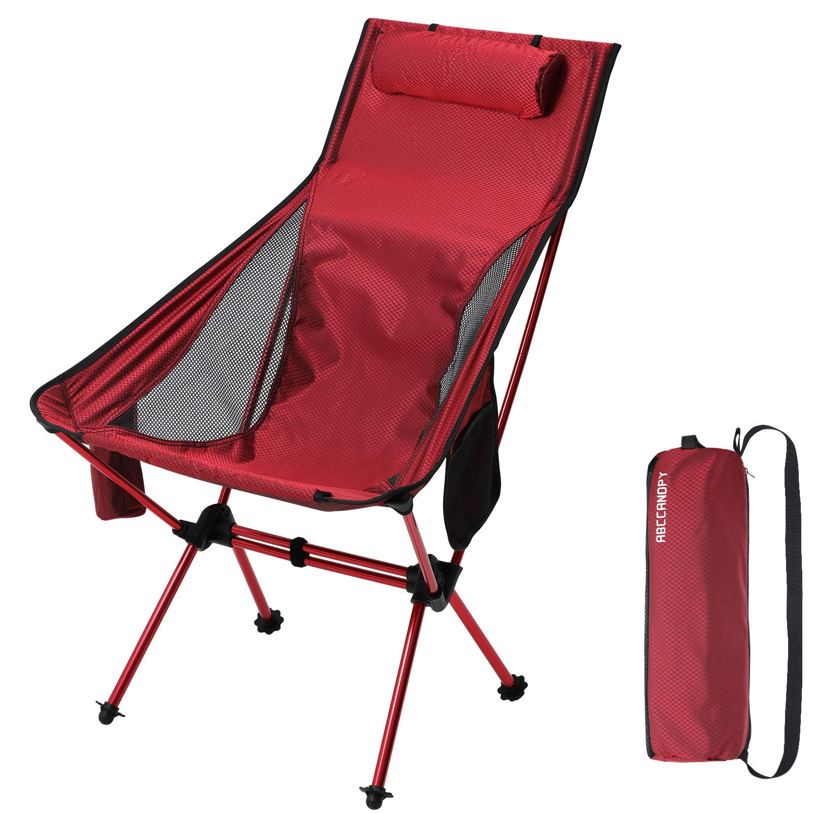 ABCCANOPY Ultralight High Back Folding Camping Chair with Headrest - Portable Outdoor Chair with Side Pocket & Carry Bag, Supports 330lbs - Perfect for Camping, Beach, Picnic, Backyard, Hiking & Travel (Red)