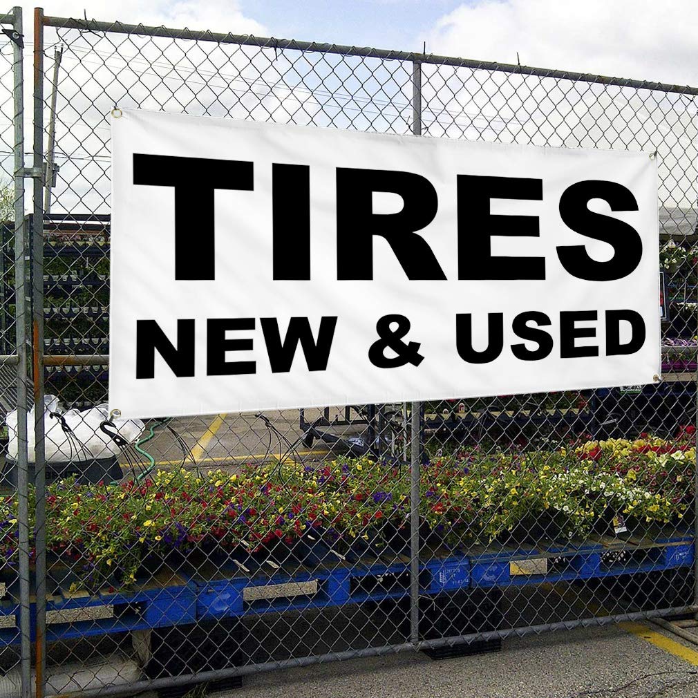 Vinyl Banner - Durable Weatherproof Outdoor Sign for Auto Repair Shops & Industrial Yards - Multiple Sizes (16x40 Inches) with 4 Grommets - Perfect for Car Tires, Black Automotive Signs & Used Vehicle Displays