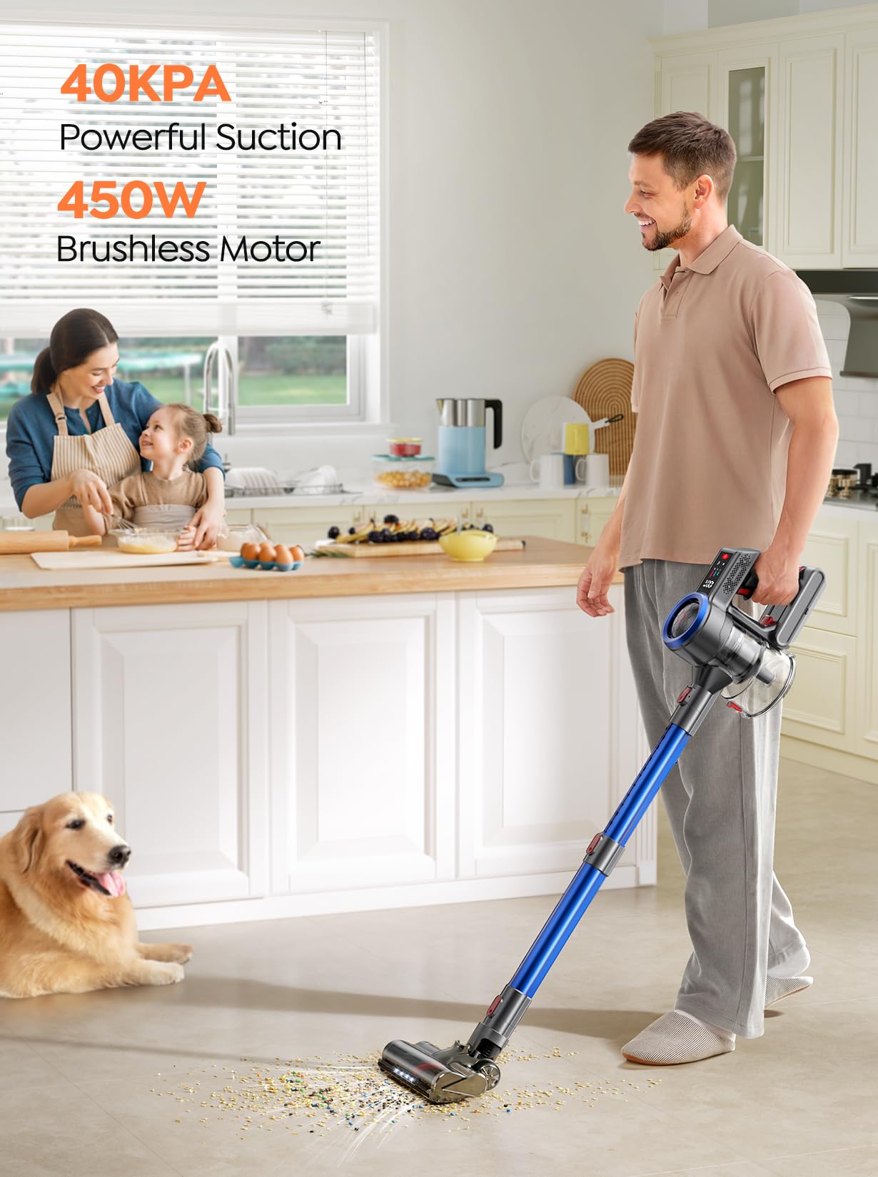 Powerful 450W Cordless Vacuum Cleaner with 40Kpa Suction & 55 Min Runtime - Lightweight Stick Vacuum for Hard Floors, Carpets & Pet Hair - Rechargeable Wall Mount & Touch Display - Perfect for Home Cleaning & Pet Owners