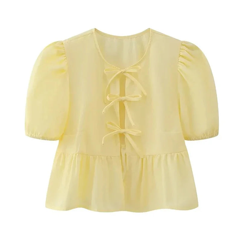 Duomofu Leopard Print Bow Tie Blouse for Women - Loose Fit Y2K Puff Sleeve Pleated Cropped Top | Summer Streetwear Fashion | Perfect for Casual Outings, Parties & Instagram Photos