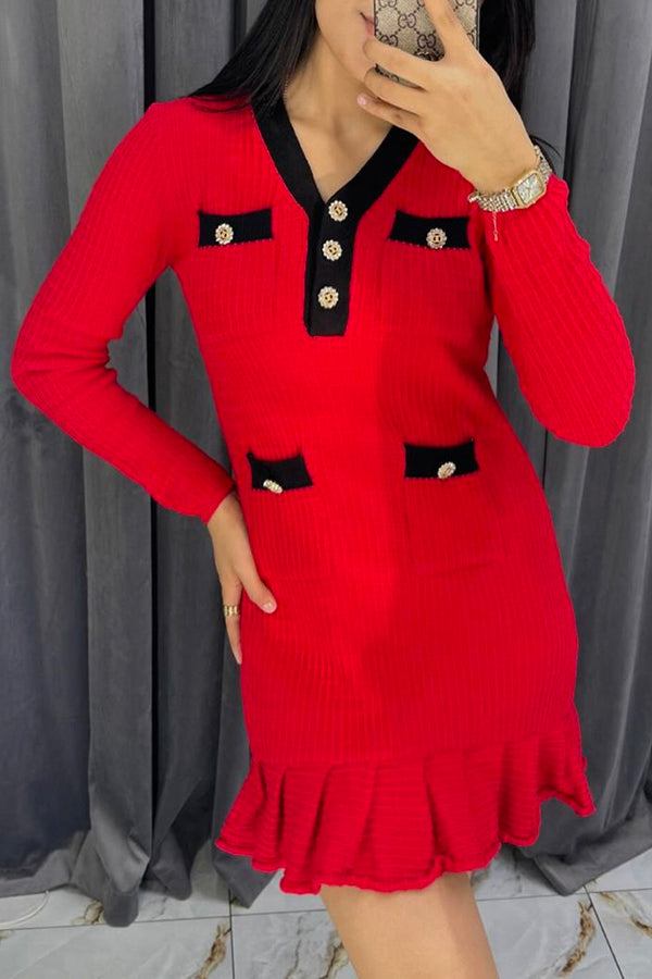 Stylish Waffle Knit Mini Dress with V-Neck & Ruffles - Perfect for Date Night, Party Wear & Casual Outings