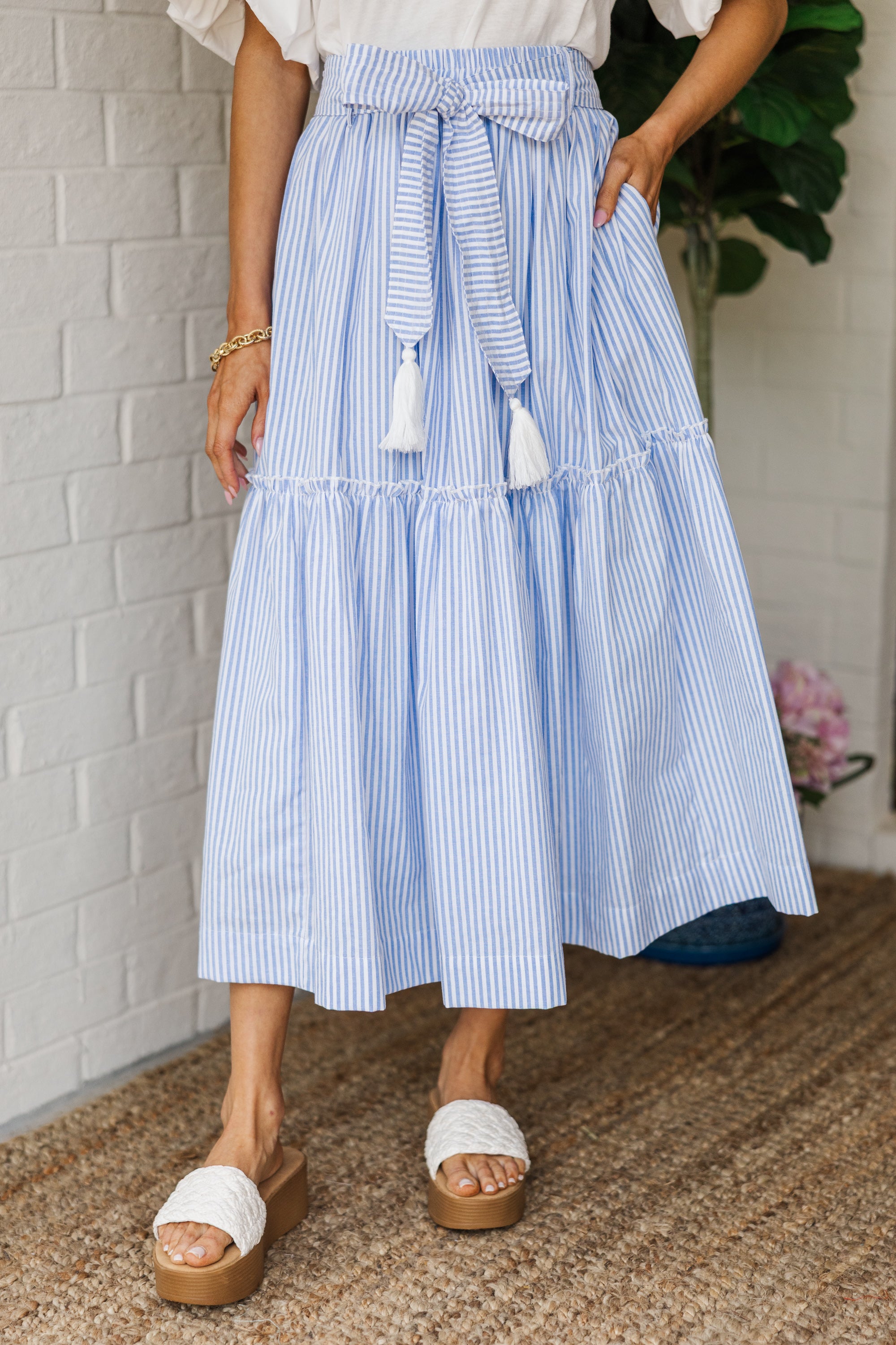 Coast to Coast Light Blue Striped Midi Skirt for Women - Summer Casual Flowy Skirt with Pockets - Perfect for Beach, Vacation & Everyday Wear