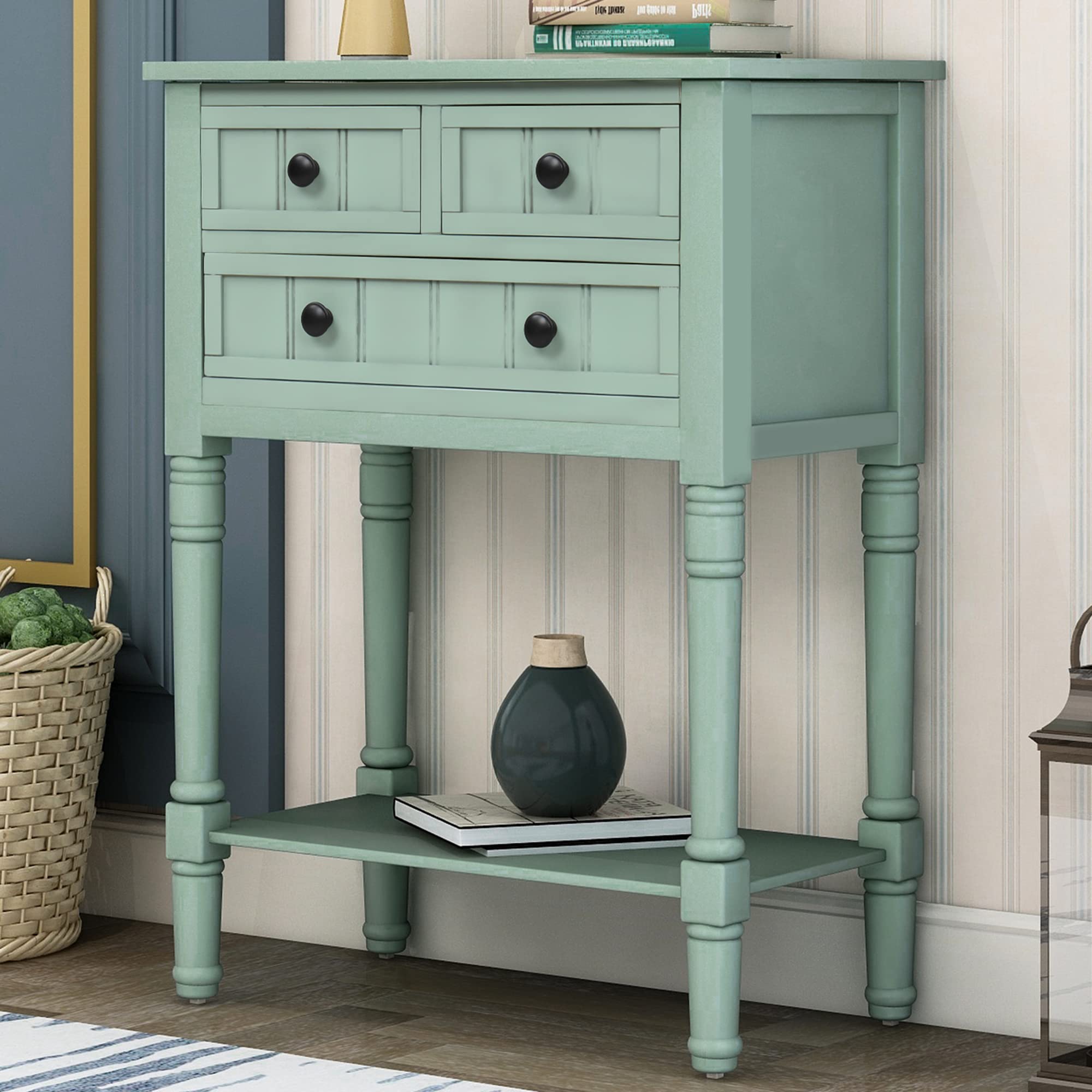 P PURLOVE Retro Blue Wooden Sofa Table with 3 Drawers & Bottom Shelf - Entryway Console Table with Storage for Living Room, Hallway - Easy Assembly Home Furniture (Perfect for Small Spaces, Apartments & Decorating Narrow Areas)