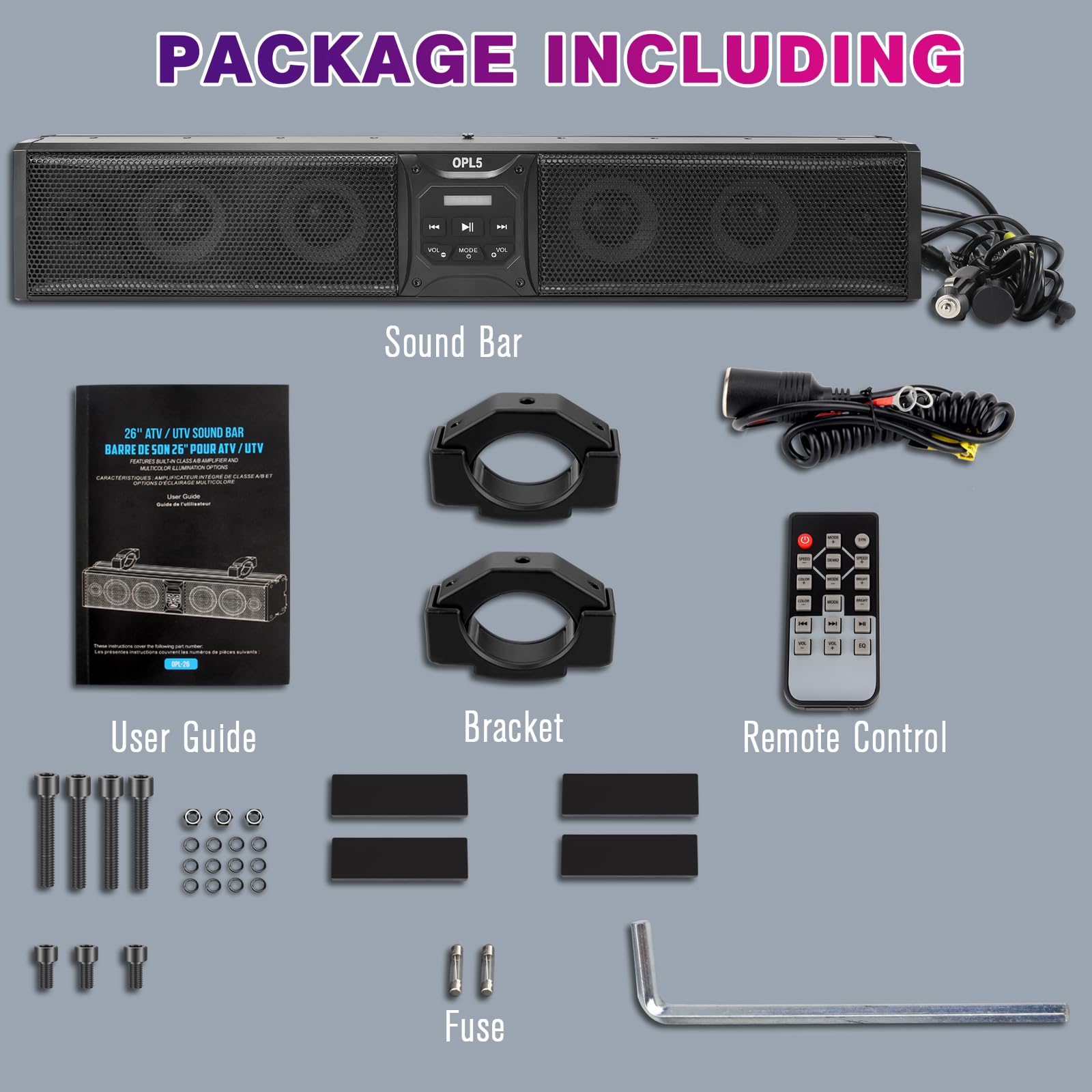 OPL5 26-Inch UTV Sound Bar with 6 Speakers, RGB Multicolor LED Lights & Backlight Strip - Waterproof Bluetooth ATV Audio System for Golf Carts (Fits 1.75