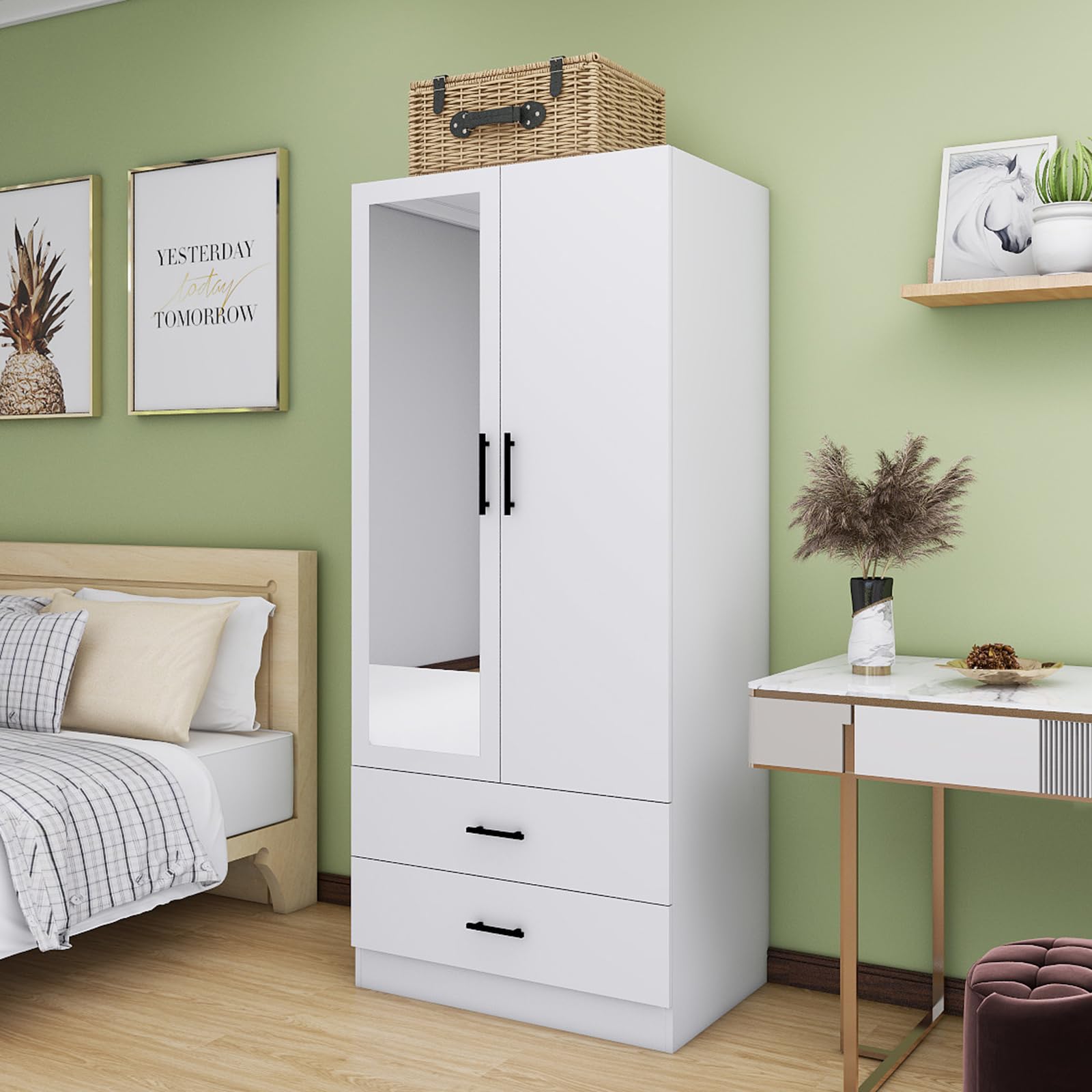 White Armoire Wardrobe Closet with 2 Drawers, 2 Doors & Mirror - 31.5