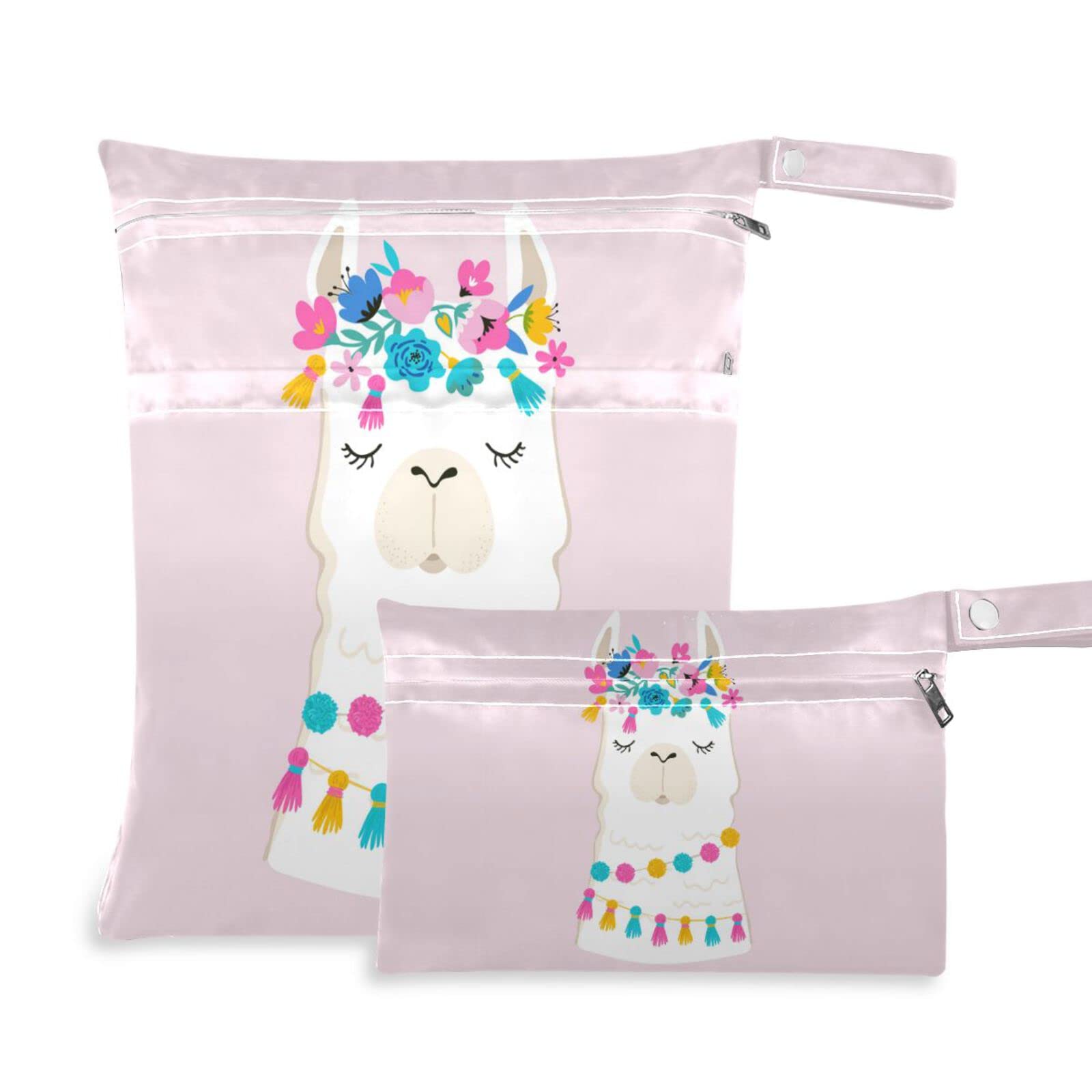 **Susiyo Reusable Waterproof Wet Dry Bags – 2 Pack Cute Animal Llama & Alpaca Floral Design with Dual Zippered Pockets | Baby Diaper Storage, Stroller Organizer, Beach & Pool Bag for Swimsuits, Gym Clothes & Travel Essentials**    *(Perfect for Daycare, Travel, Swimming, Gym & Outdoor Adventures – Keep Dirty Clothes & Wet Items Organized!)*