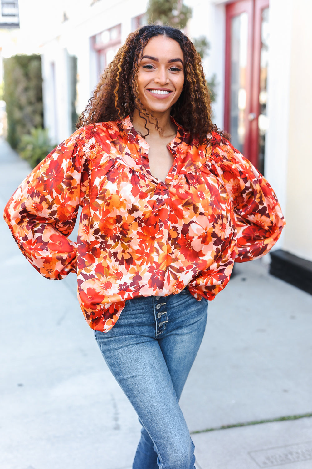 Fall Vibes Rust Floral Print Notched Neck Smocked Satin Blouse - Elegant Women's Tops for Autumn Outfits, Date Nights & Office Wear