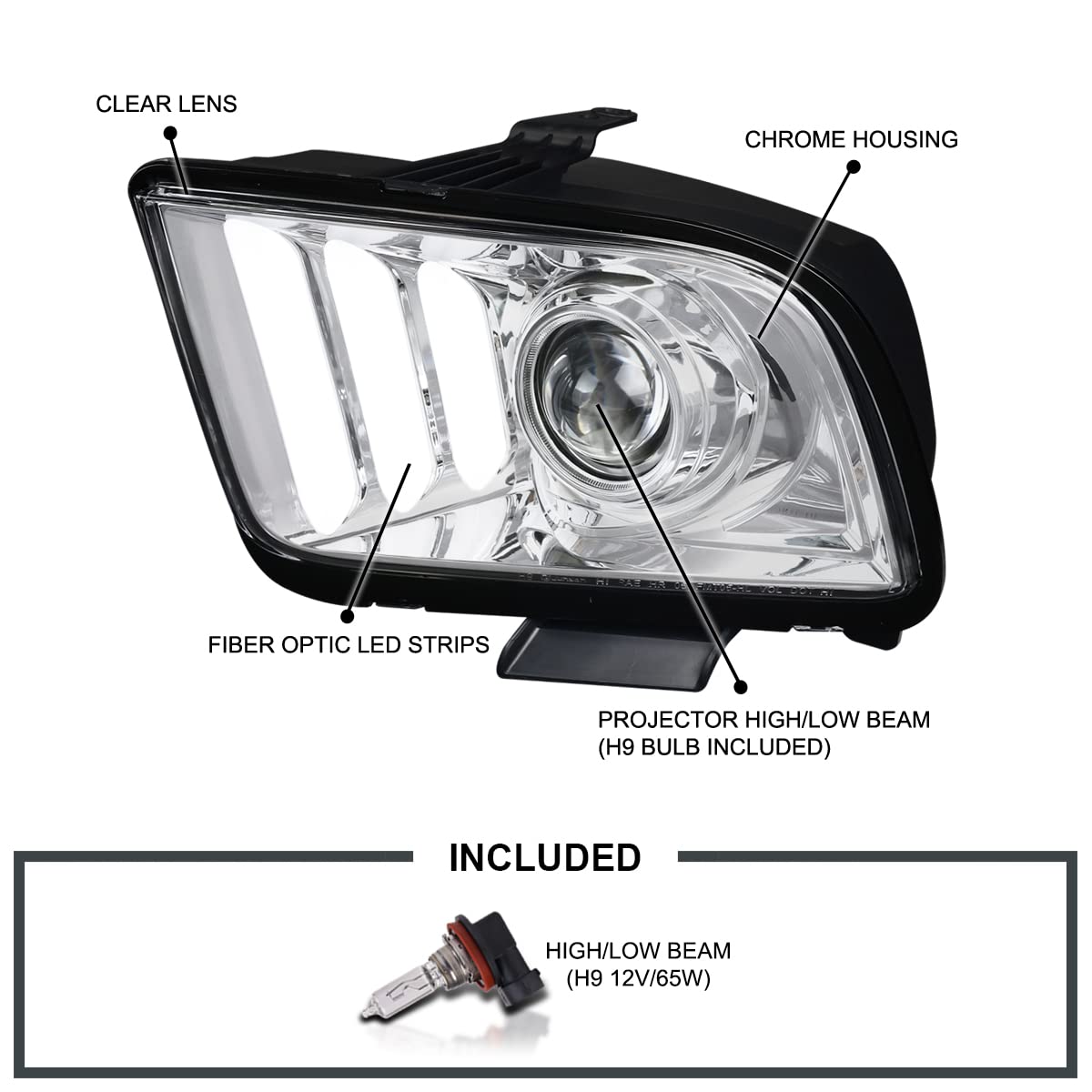 Spec-D Tuning Chrome Projector Headlights for 2005-2009 Ford Mustang - Left & Right Pair Headlight Assembly - Upgrade Your Ride for Night Driving & Enhanced Style
