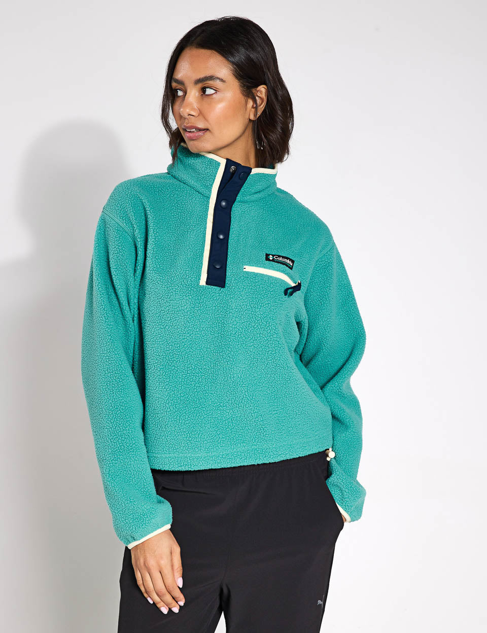 Helvetia II Cropped Sherpa Half Snap Fleece Jacket - Teal Color for Women | Cozy Winter Outerwear for Casual Outings & Outdoor Activities