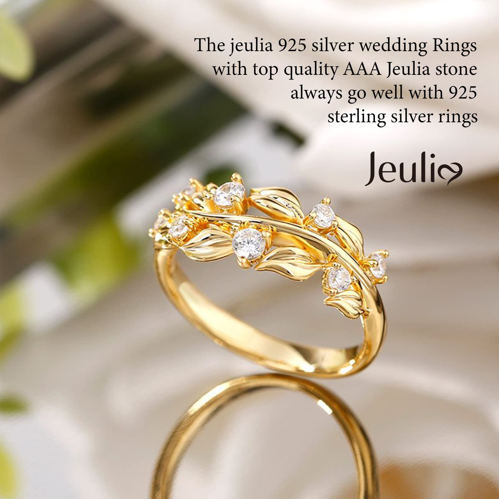 Jeulia Sterling Silver Olive Branch Promise Ring for Women - Round Cut Leaf Design, Gold Tone Diamond Accents, Nature Inspired Wedding Band for Anniversary & Engagement - Jewelry Gift Box Included | Perfect for Romantic Gifts, Proposals & Special Occasions