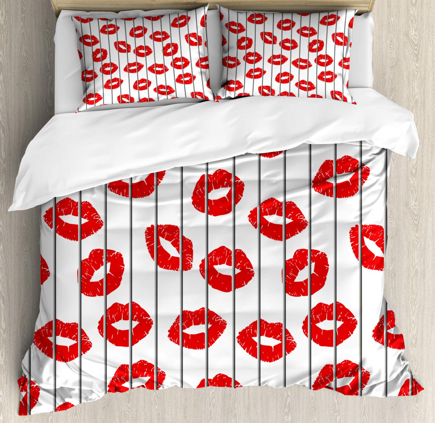 Ambesonne Glamour Duvet Cover Set - 2 Pack California King Size, Scarlet White & Grey - Romantic Lips Behind Bars Print for Valentine's Day - Includes 2 Duvet Covers & 4 Pillowcases - Perfect for Master Bedroom, Guest Room & Romantic Getaways