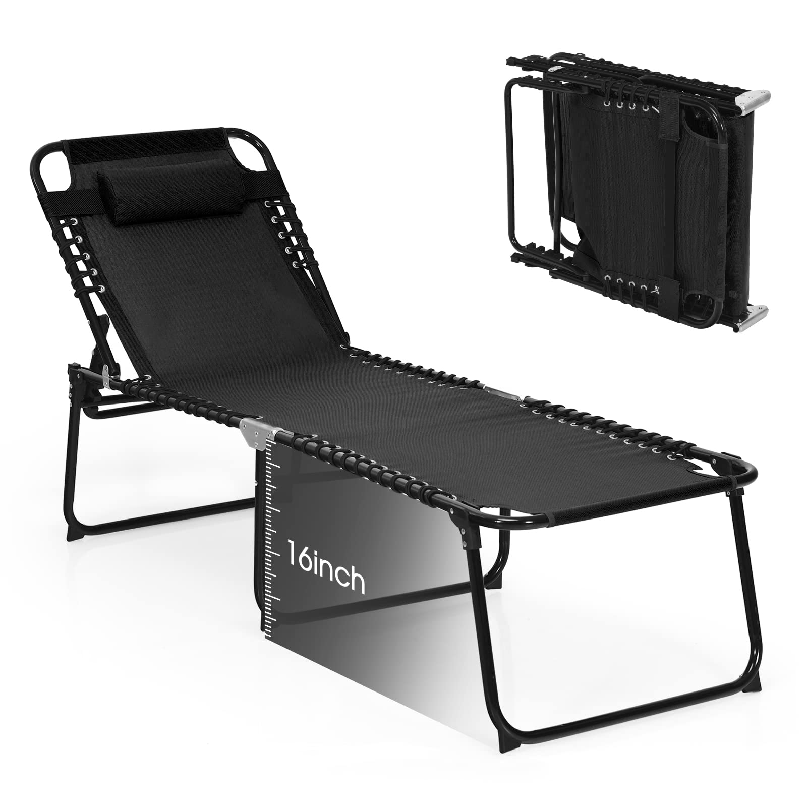Gymax Outdoor Lounge Chair - Extra Tall Folding Beach Chair with 4-Position Adjustable Backrest, 2-Level Footrest & Removable Pillow - Perfect for Sunbathing, Poolside Relaxation, Patio & Lawn Use (Black)