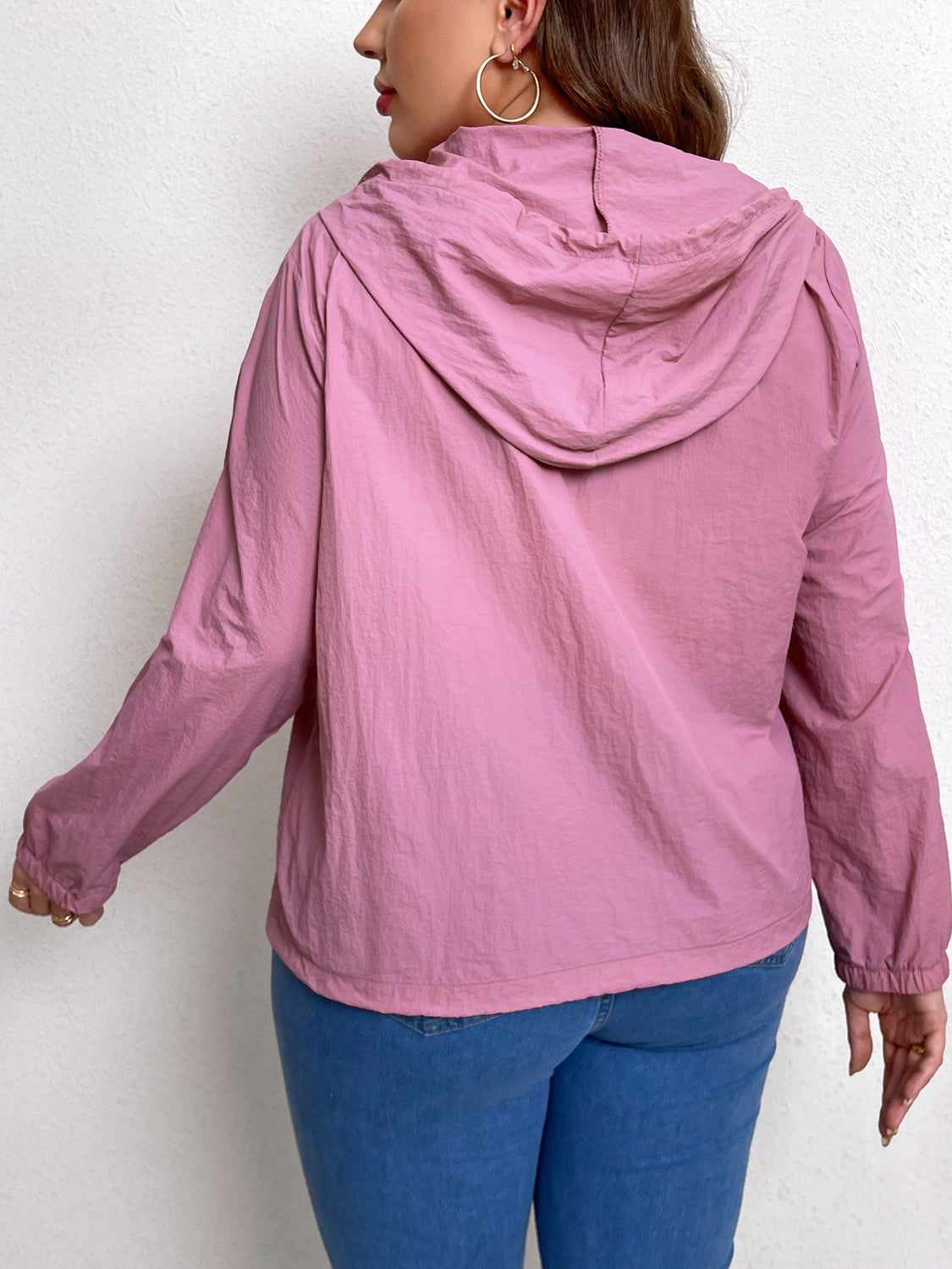 Plus Size Pink Zip Up Drawstring Hooded Jacket with Pockets - Women's Casual Outerwear for Spring & Fall | Perfect for Outdoor Activities, Travel & Everyday Wear