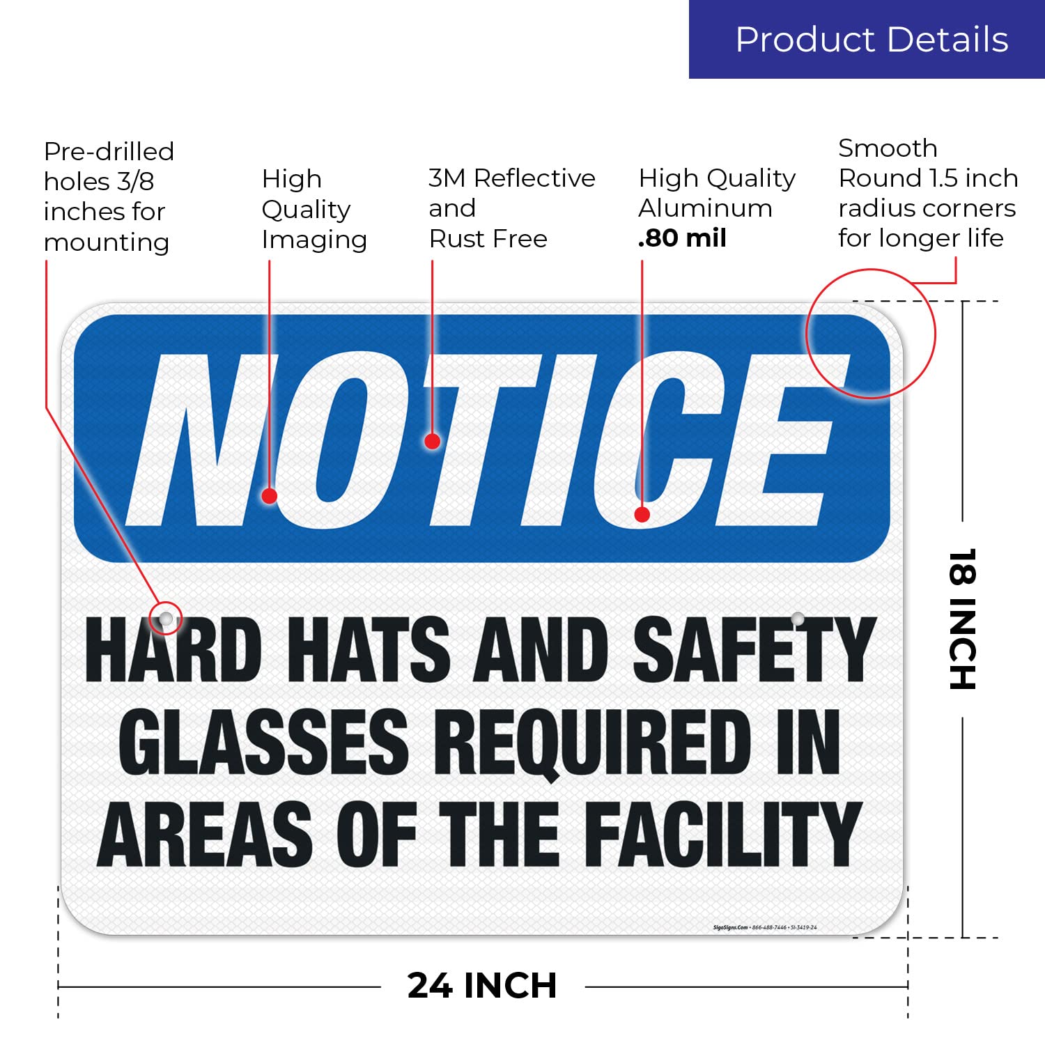 OSHA Compliant 'Hard Hats & Safety Glasses Required' Facility Sign - 18x24 Inch Reflective Aluminum Safety Sign for Construction Sites & Industrial Areas - 3M EGP .080 Aluminum, Weatherproof for Indoor/Outdoor Use - Made in USA