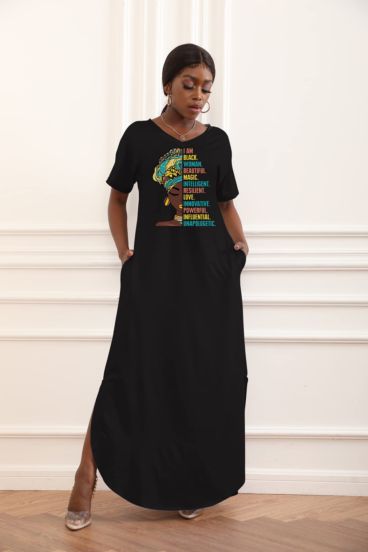 FZNHQL Black Women's Short Sleeve V-Neck Maxi Dress - African Melanin Girl Print Floral Long Dress for Casual Wear | Perfect for Summer Outings, Beach Vacations & Cultural Events