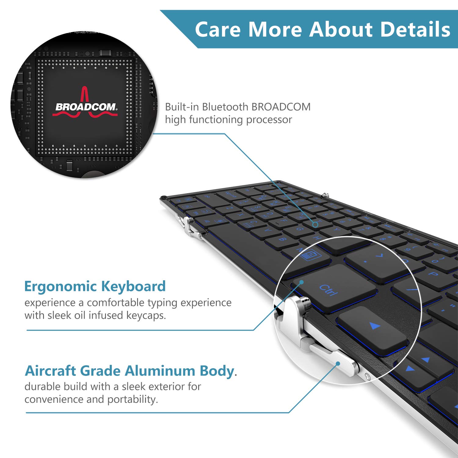 iClever BK05 Bluetooth 5.1 Keyboard - 3-Color Backlit, Foldable, Multi-Device Compatible with iOS/Android/Windows - Aluminum Alloy Base for Tablets, Smartphones, Laptops & PC | Perfect for Travel, Office & Home Use