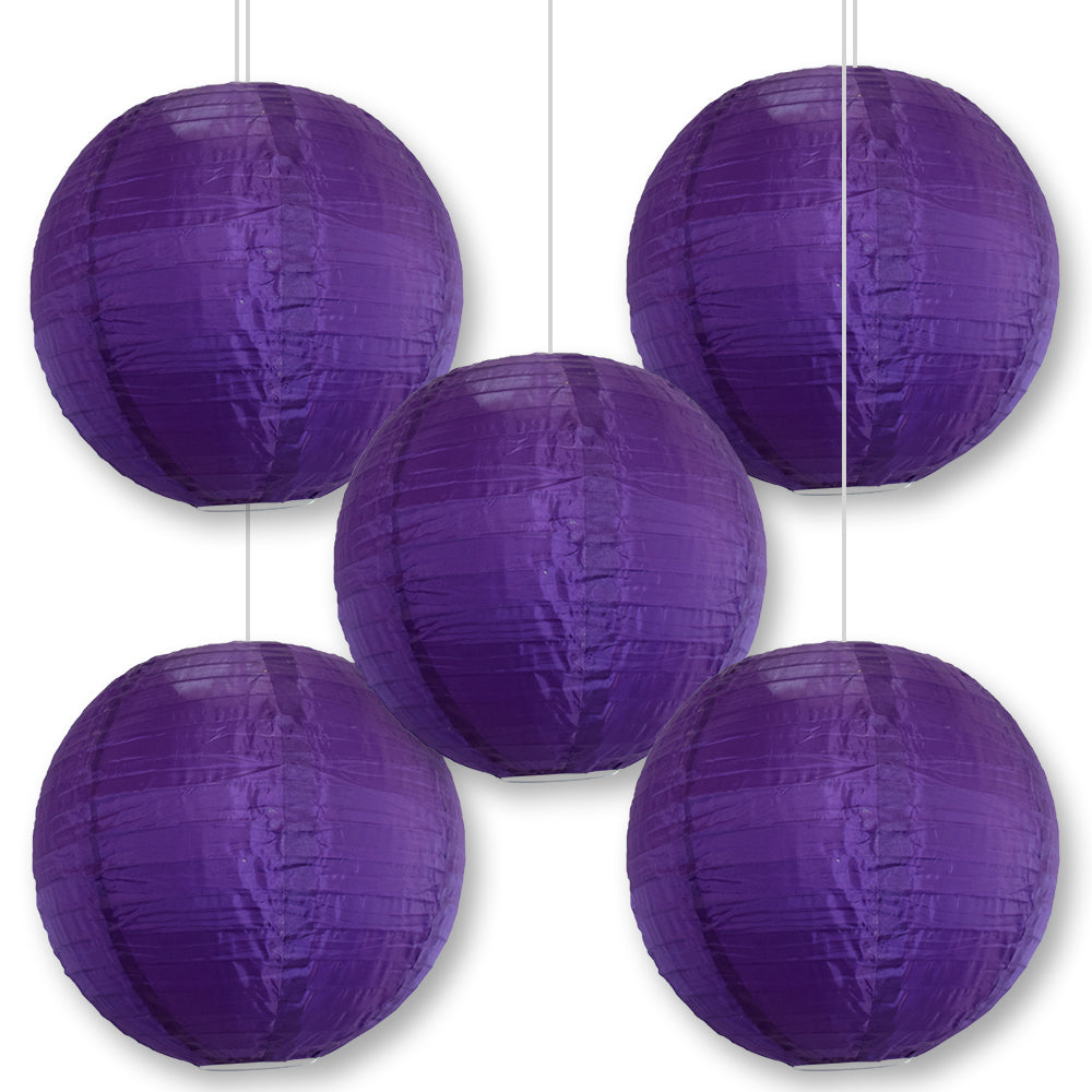5 Pack Dark Purple Shimmering Nylon Lanterns - Even Ribbing, Durable Hanging Decorations for Parties, Weddings & Outdoor Events
