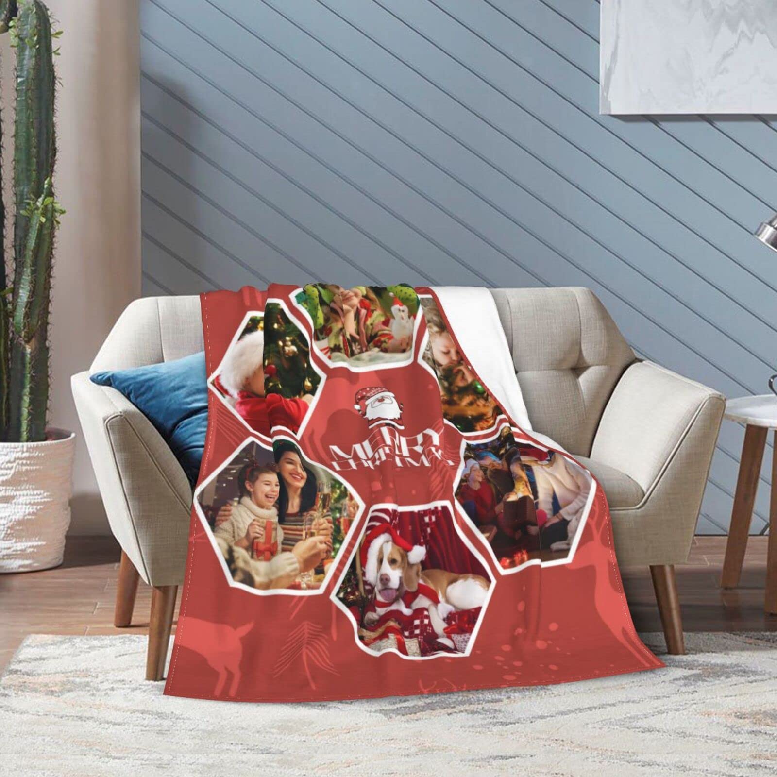 Merry Christmas Throw Blanket - Cozy Winter Holiday Fleece Flannel Blanket with Red Reindeer Design | Personalized Custom Blanket with 6-Photo Collage | Perfect for Sofa, Bed & Holiday Decor
