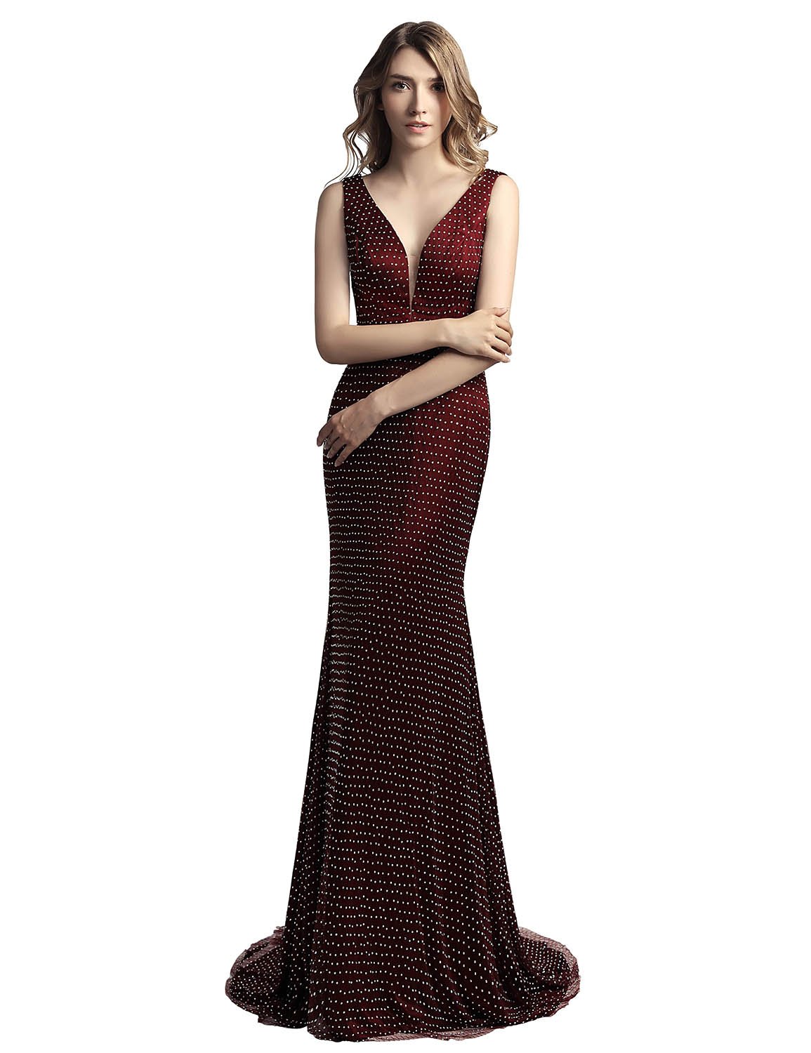 Sarahbridal Women's Deep V-Neck Mermaid Prom Dress - Long Satin Beaded Evening Gown in Burgundy for Homecoming, Wedding Guest & Formal Events